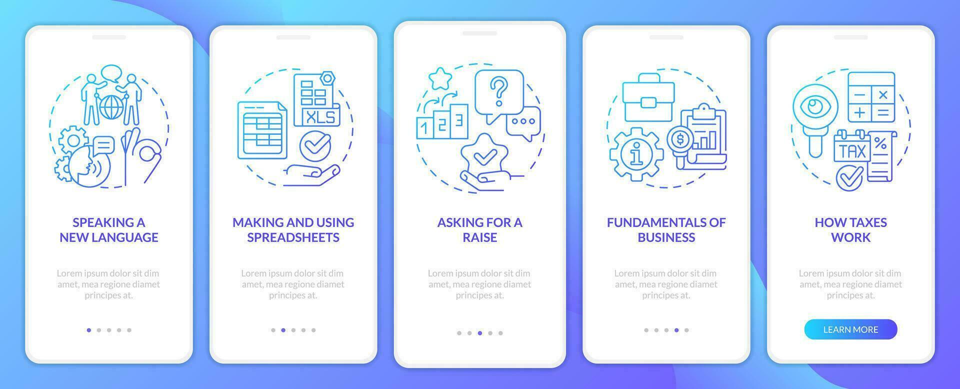 experiencias azul degradado inducción móvil aplicación pantalla. trabajo y carrera recorrido 5 5 pasos gráfico instrucciones con lineal conceptos. ui, ux, gui modelo vector