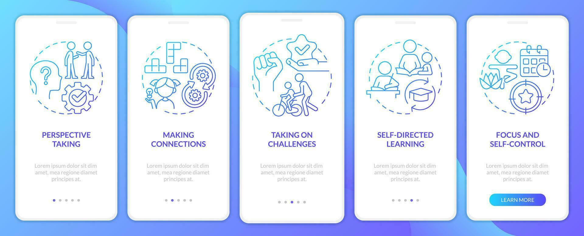Skills for kids blue gradient onboarding mobile app screen. Development walkthrough 5 steps graphic instructions with linear concepts. UI, UX, GUI template vector