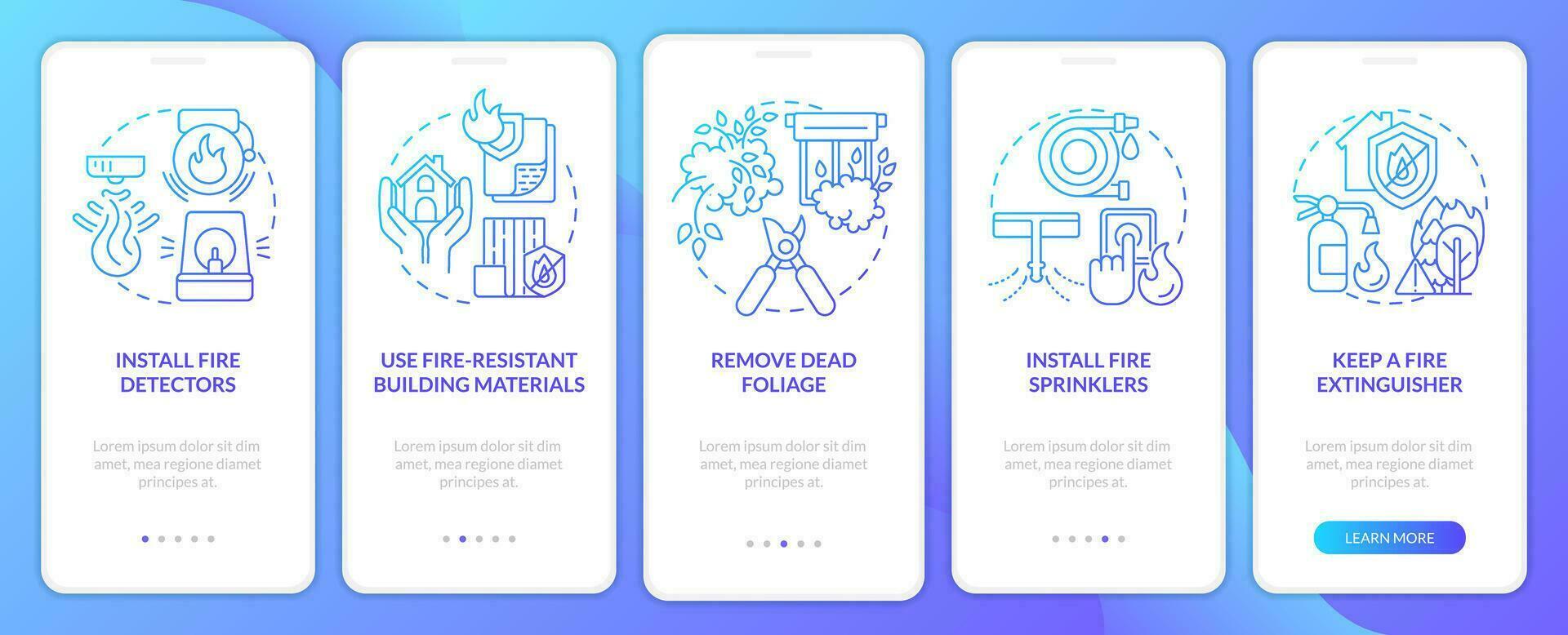 Wildfire preparedness tips blue gradient onboarding mobile app screen. Walkthrough 5 steps graphic instructions with linear concepts. UI, UX, GUI template vector