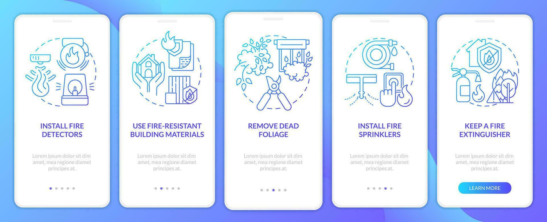 fuego fatuo preparación consejos azul degradado inducción móvil aplicación pantalla. recorrido 5 5 pasos gráfico instrucciones con lineal conceptos. ui, ux, gui modelo vector