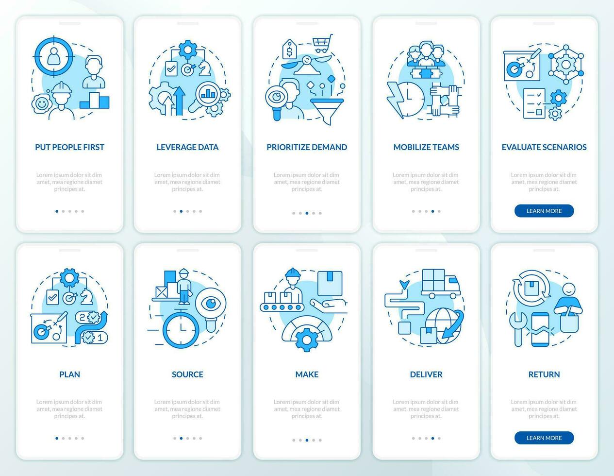 Supply chain priorities blue onboarding mobile app screen set. Walkthrough 5 steps editable graphic instructions with linear concepts. UI, UX, GUI template vector