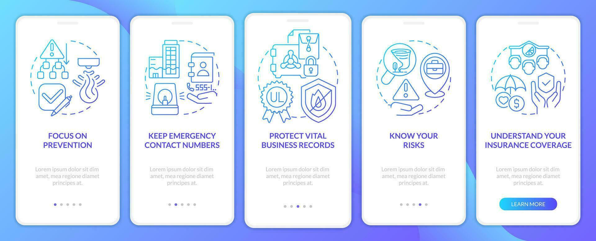 Emergency preparedness for business blue gradient onboarding mobile app screen. Walkthrough 5 steps graphic instructions with linear concepts. UI, UX, GUI template vector
