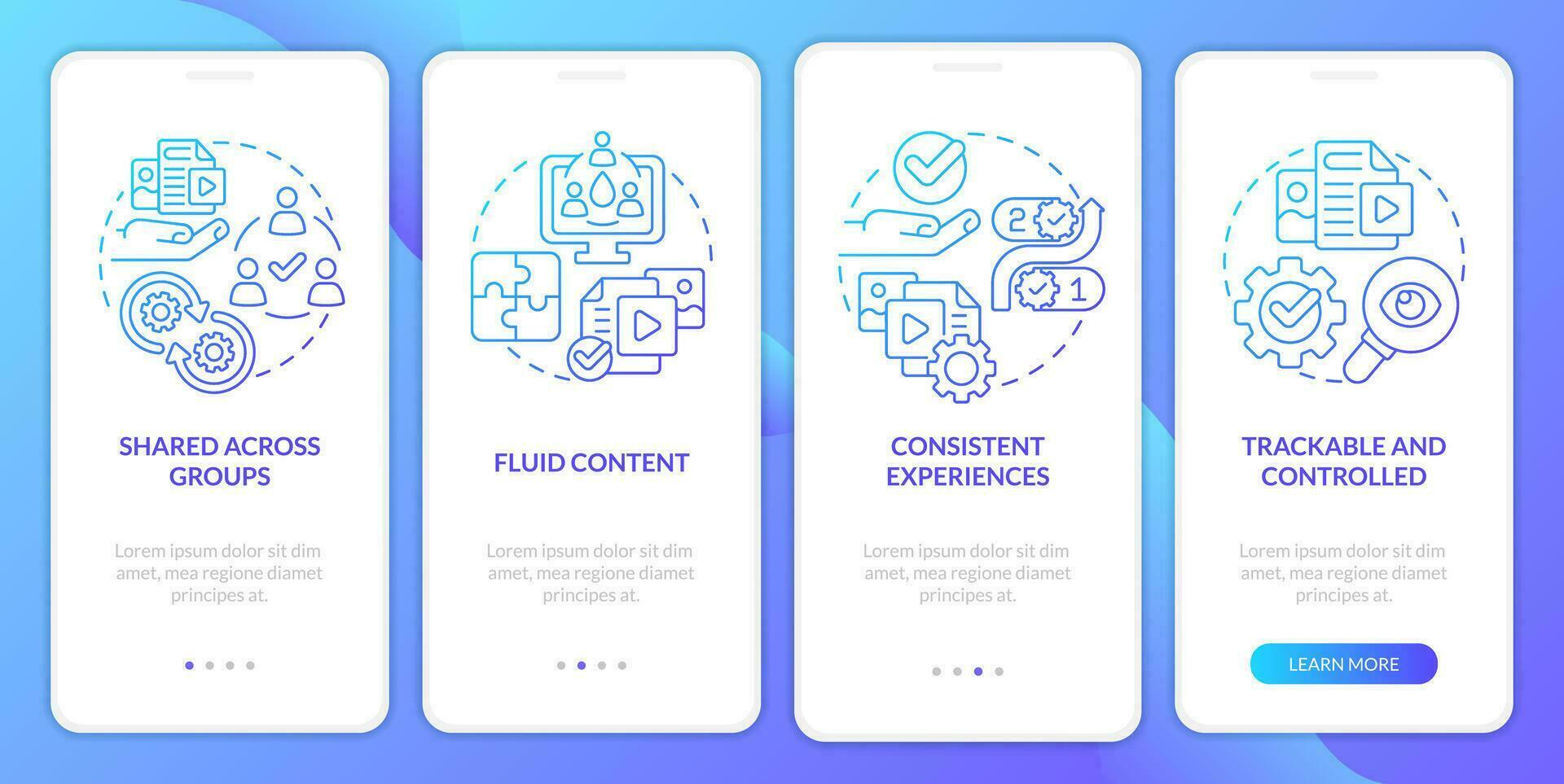 Content tips blue gradient onboarding mobile app screen. Design creating walkthrough 4 steps graphic instructions with linear concepts. UI, UX, GUI template vector