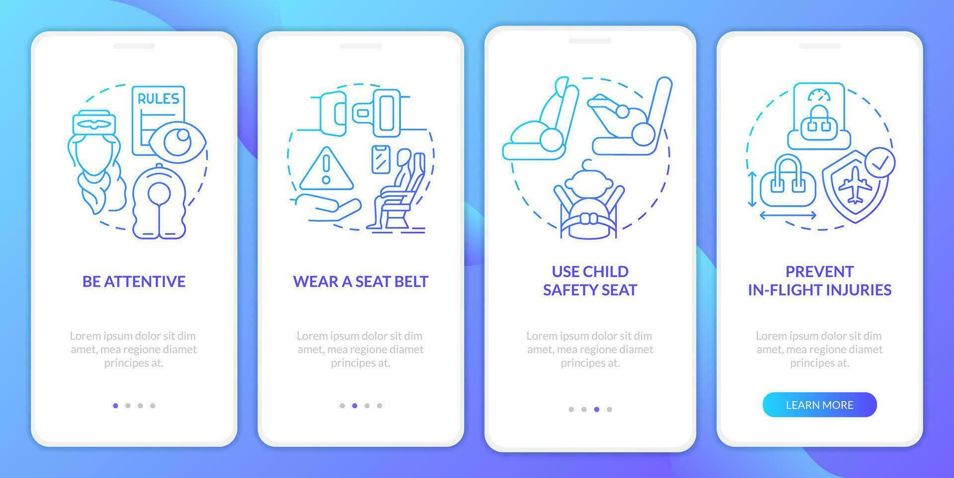 Flight safety procedures blue gradient onboarding mobile app screen. Walkthrough 4 steps graphic instructions with linear concepts. UI, UX, GUI template vector