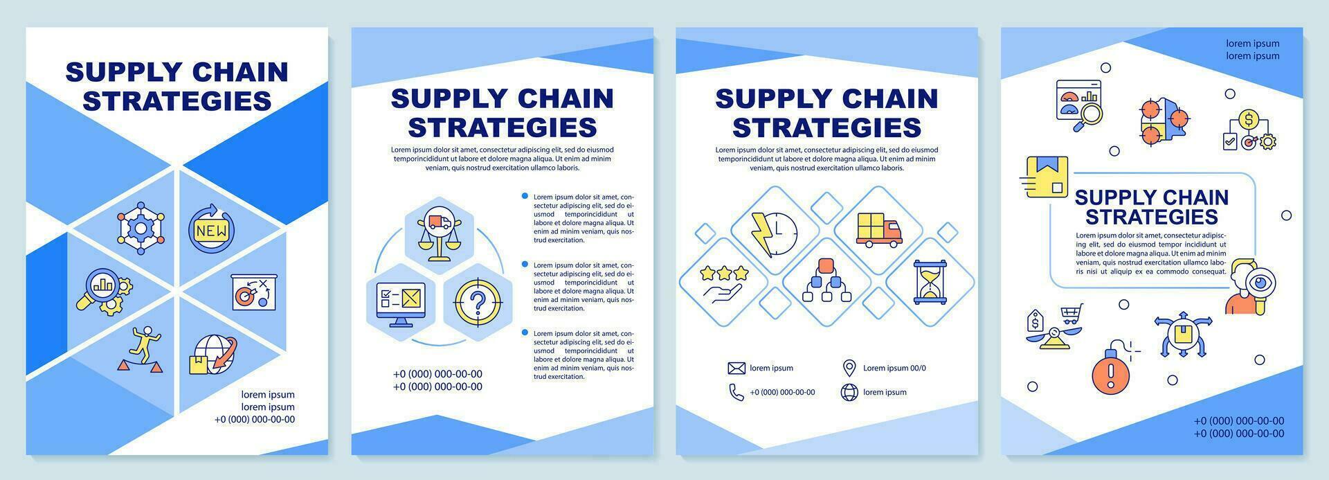 Supply chain strategies blue brochure template. Management. Leaflet design with linear icons. Editable 4 vector layouts for presentation, annual reports