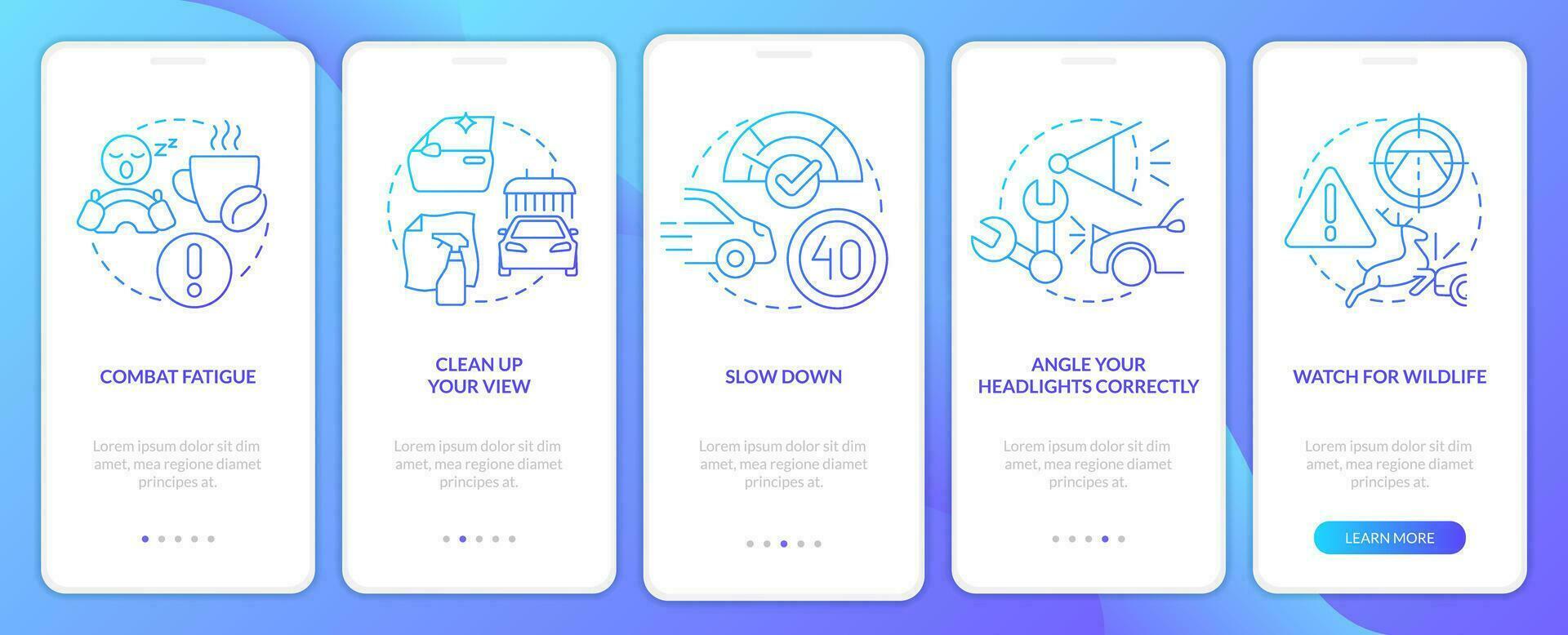 Driving safety at night blue gradient onboarding mobile app screen. Walkthrough 5 steps graphic instructions with linear concepts. UI, UX, GUI template vector