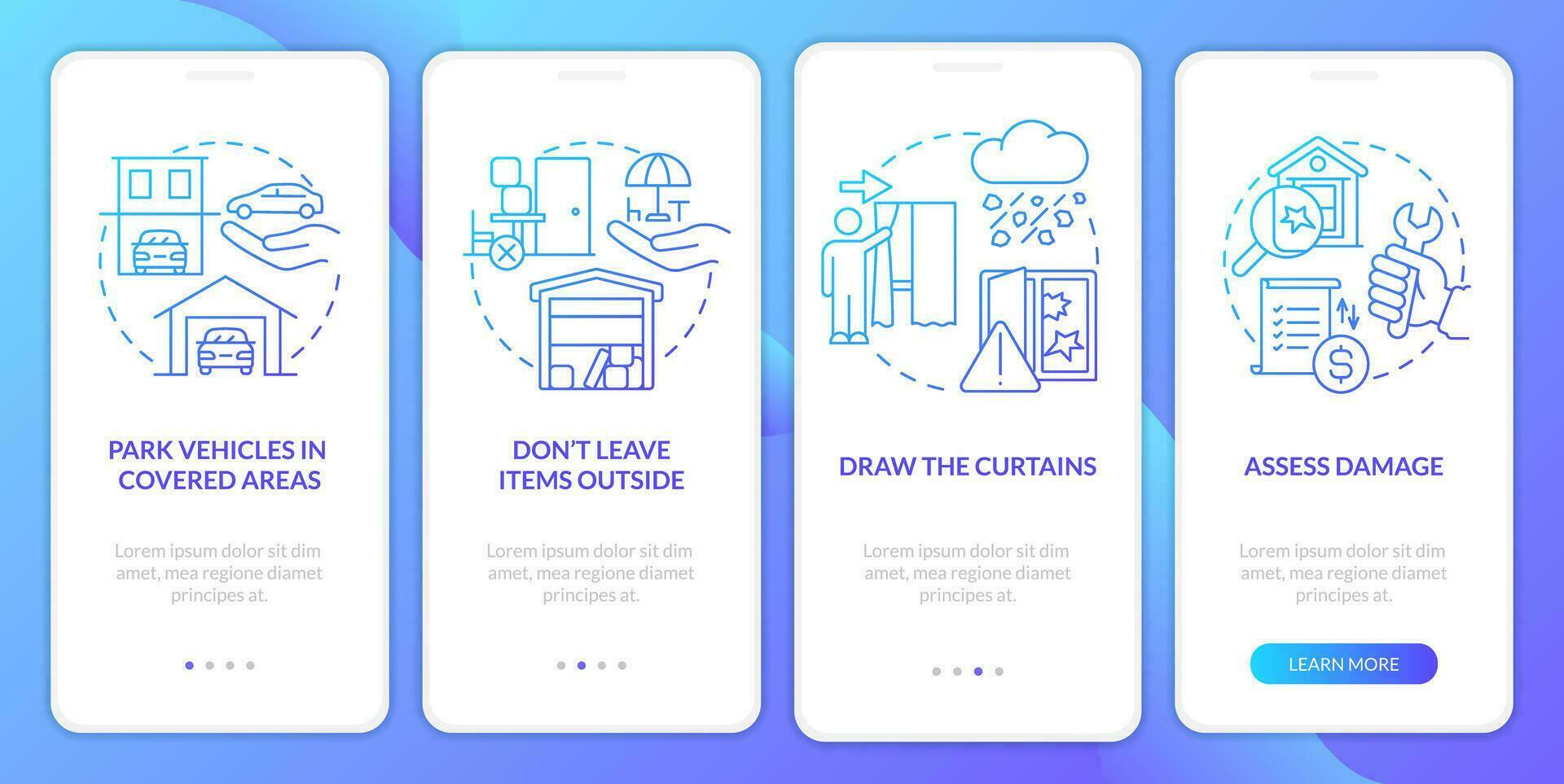 Staying safe during hail blue gradient onboarding mobile app screen. Walkthrough 4 steps graphic instructions with linear concepts. UI, UX, GUI template vector