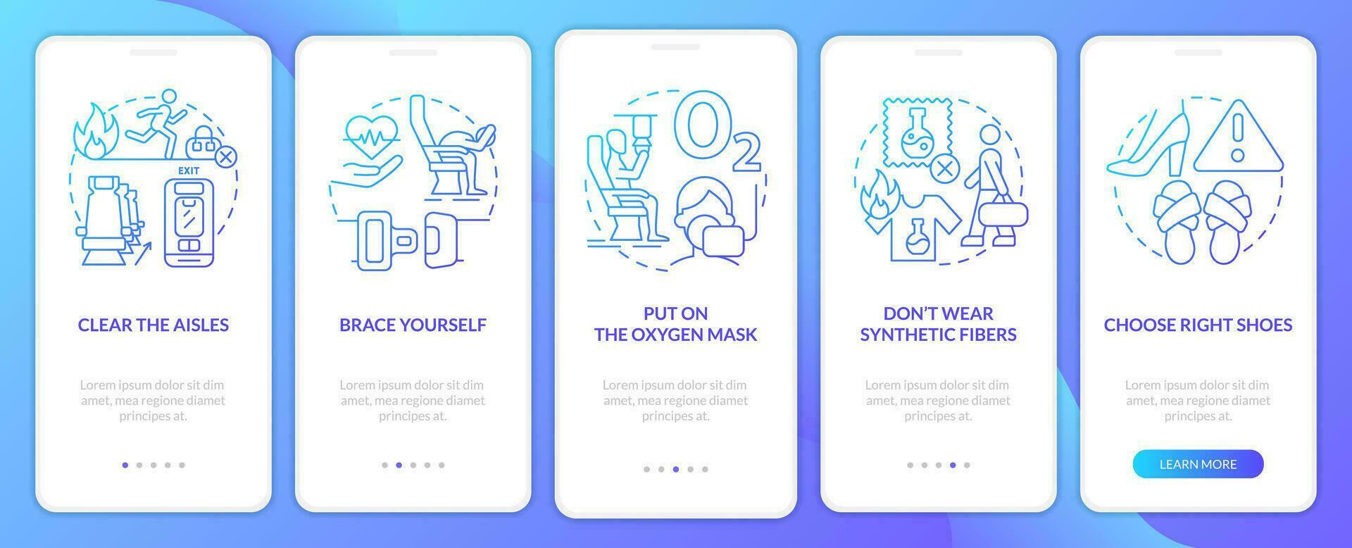 Surviving aviation accident blue gradient onboarding mobile app screen. Walkthrough 5 steps graphic instructions with linear concepts. UI, UX, GUI template vector