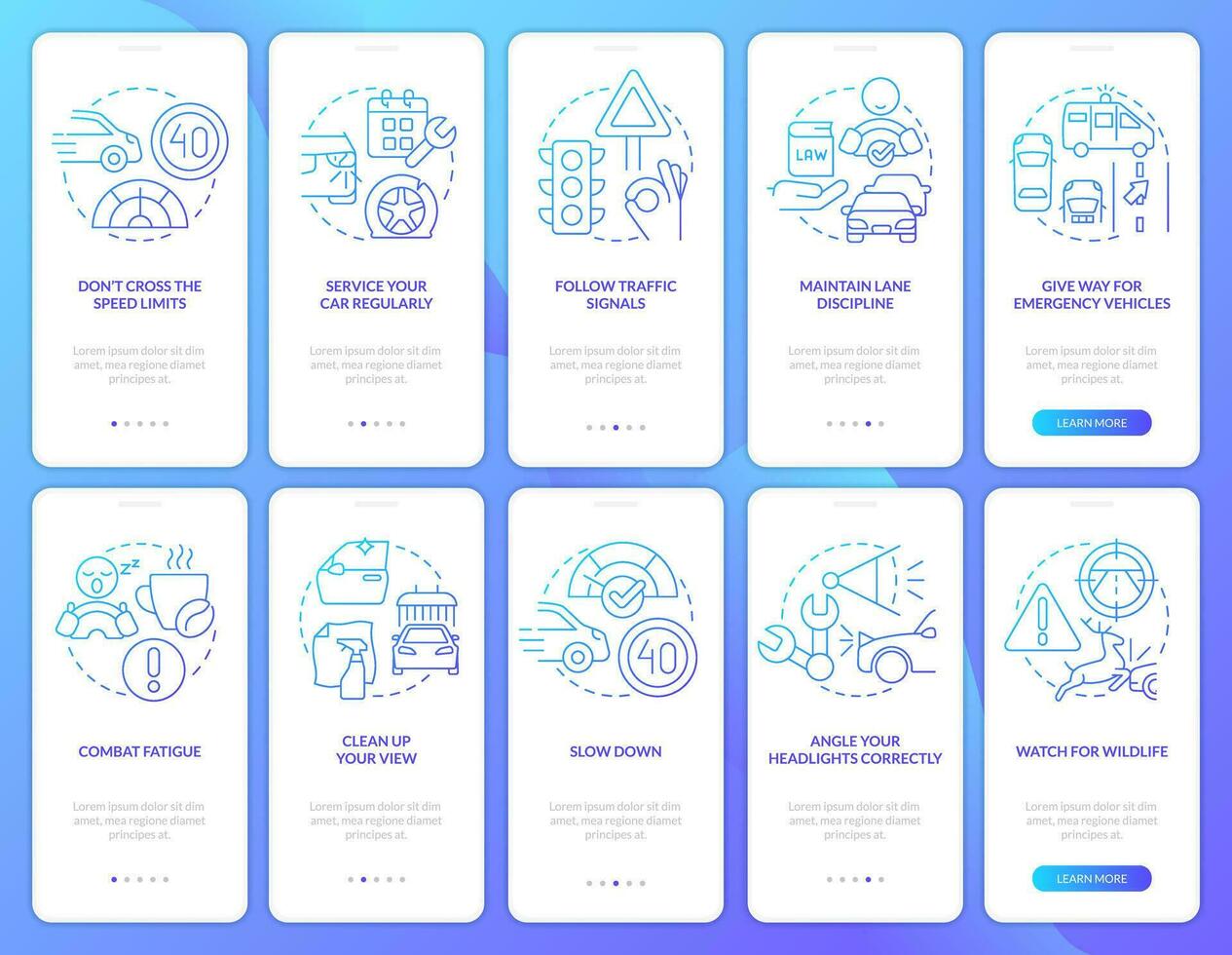 Driving safety blue gradient onboarding mobile app screen set. Regulations walkthrough 5 steps graphic instructions with linear concepts. UI, UX, GUI template vector