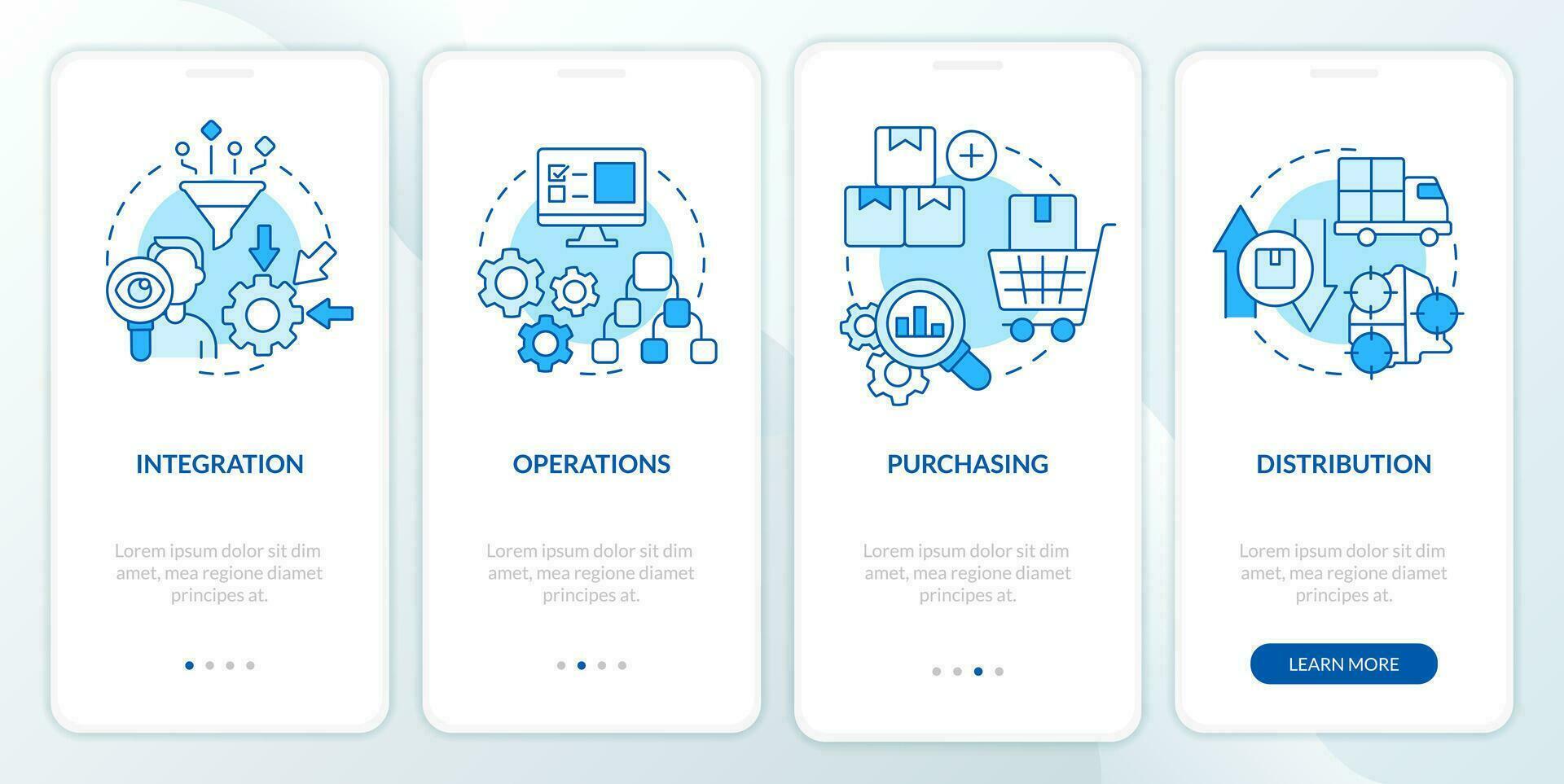 Elements of supply chain management blue onboarding mobile app screen. Walkthrough 4 steps editable graphic instructions with linear concepts. UI, UX, GUI template vector