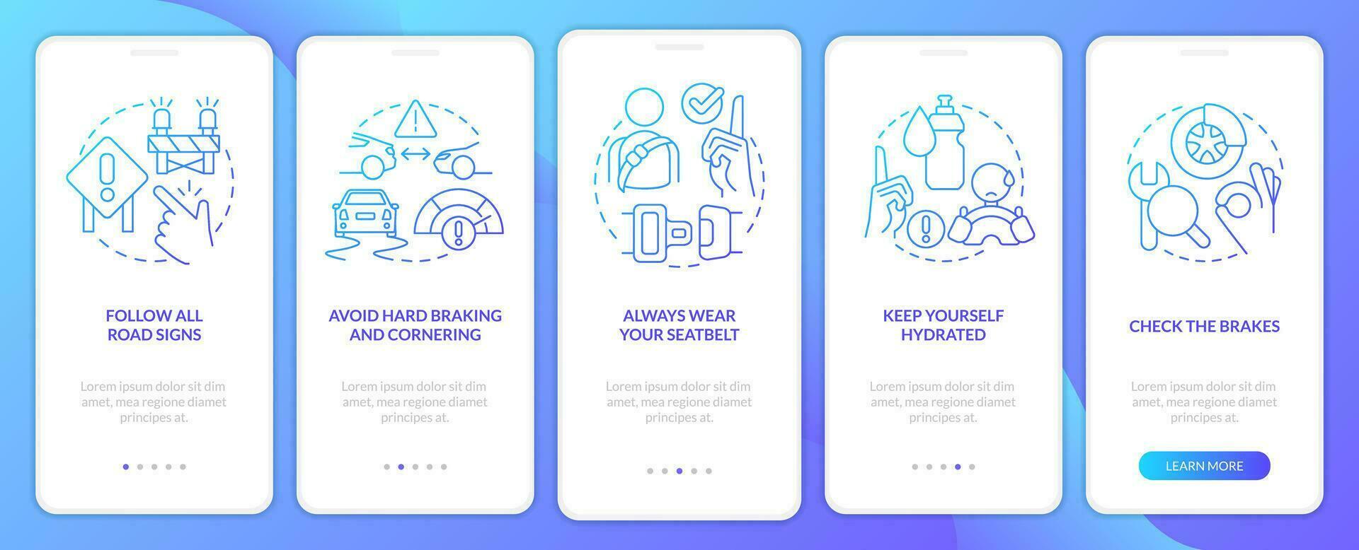 Commercial drivers safety blue gradient onboarding mobile app screen. Walkthrough 5 steps graphic instructions with linear concepts. UI, UX, GUI template vector