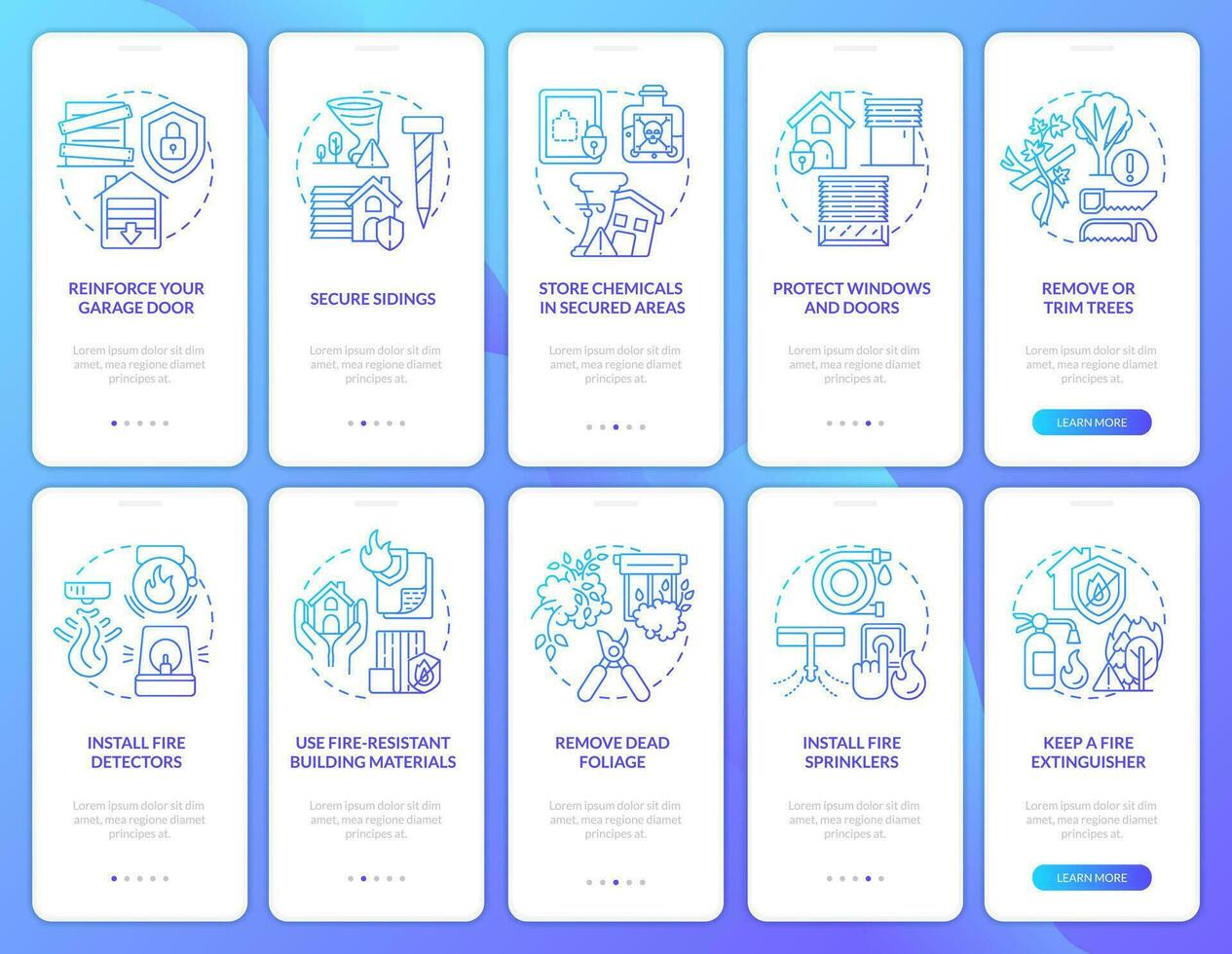 Natural disasters safety blue gradient onboarding mobile app screen set. Walkthrough 5 steps graphic instructions with linear concepts. UI, UX, GUI template vector