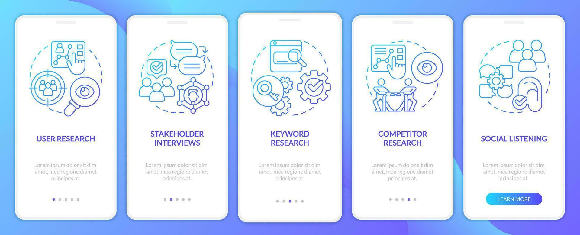 Research for content design blue gradient onboarding mobile app screen. Data walkthrough 5 steps graphic instructions with linear concepts. UI, UX, GUI template vector