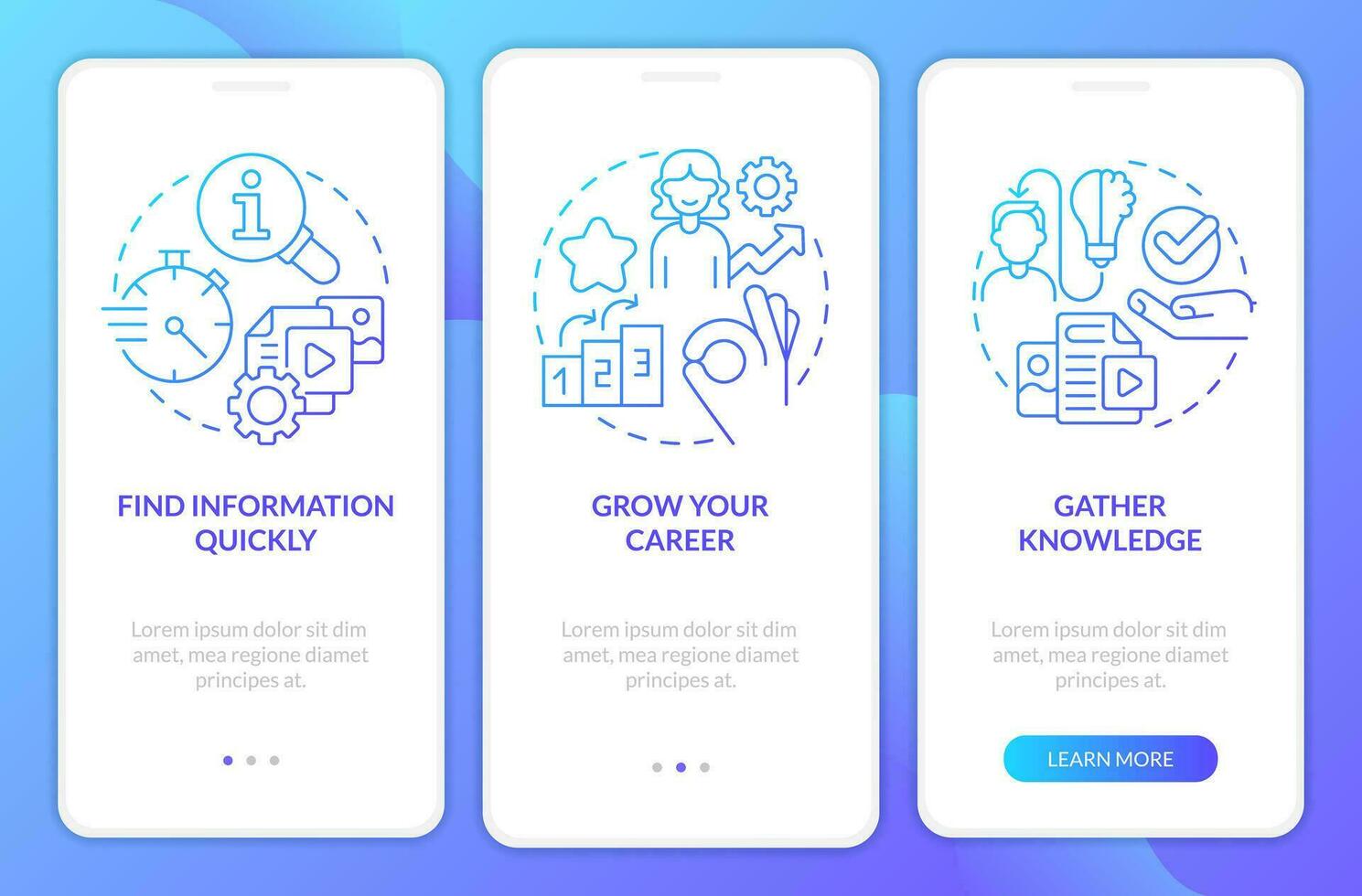 Expectations from content blue gradient onboarding mobile app screen. Comfort walkthrough 3 steps graphic instructions with linear concepts. UI, UX, GUI template vector