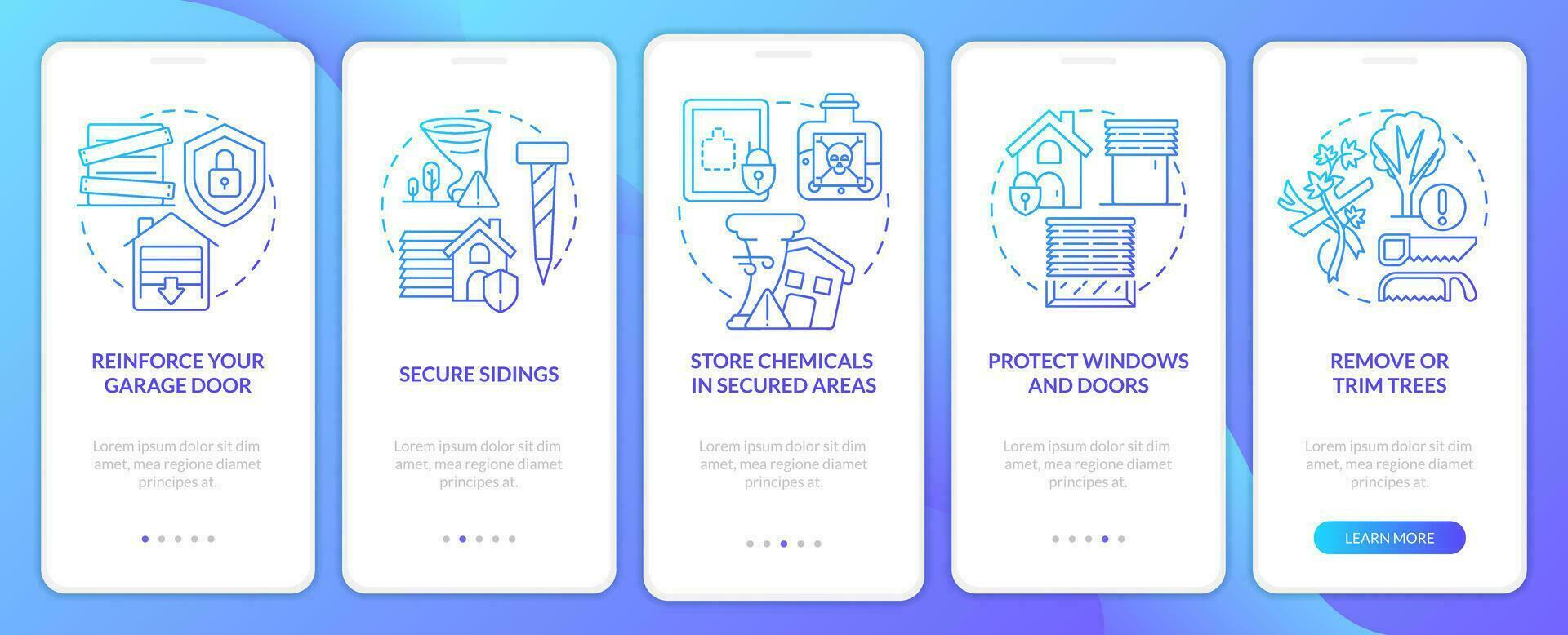 Prepare for tornado at home blue gradient onboarding mobile app screen. Walkthrough 5 steps graphic instructions with linear concepts. UI, UX, GUI template vector