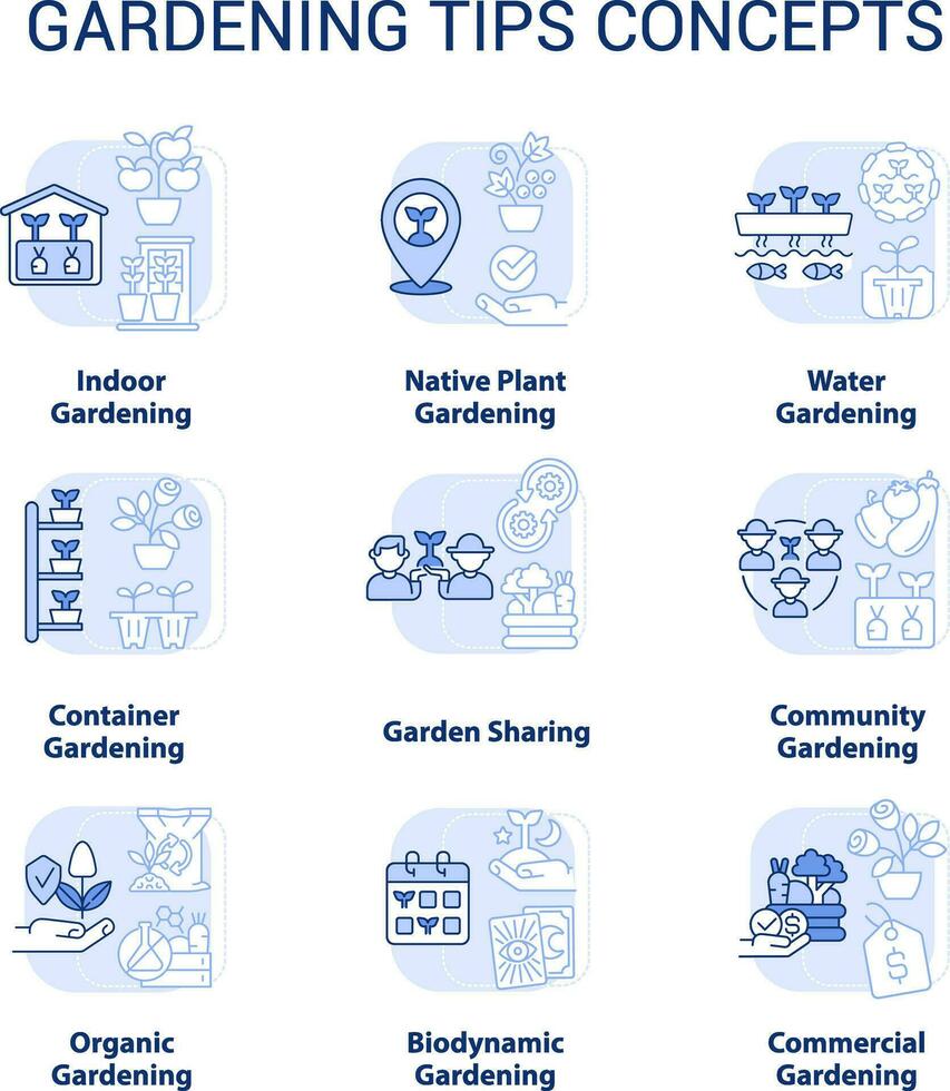 Gardening tips light blue concept icons set. Plant care. Planting and growing flowers idea thin line color illustrations. Isolated symbols. Editable stroke vector