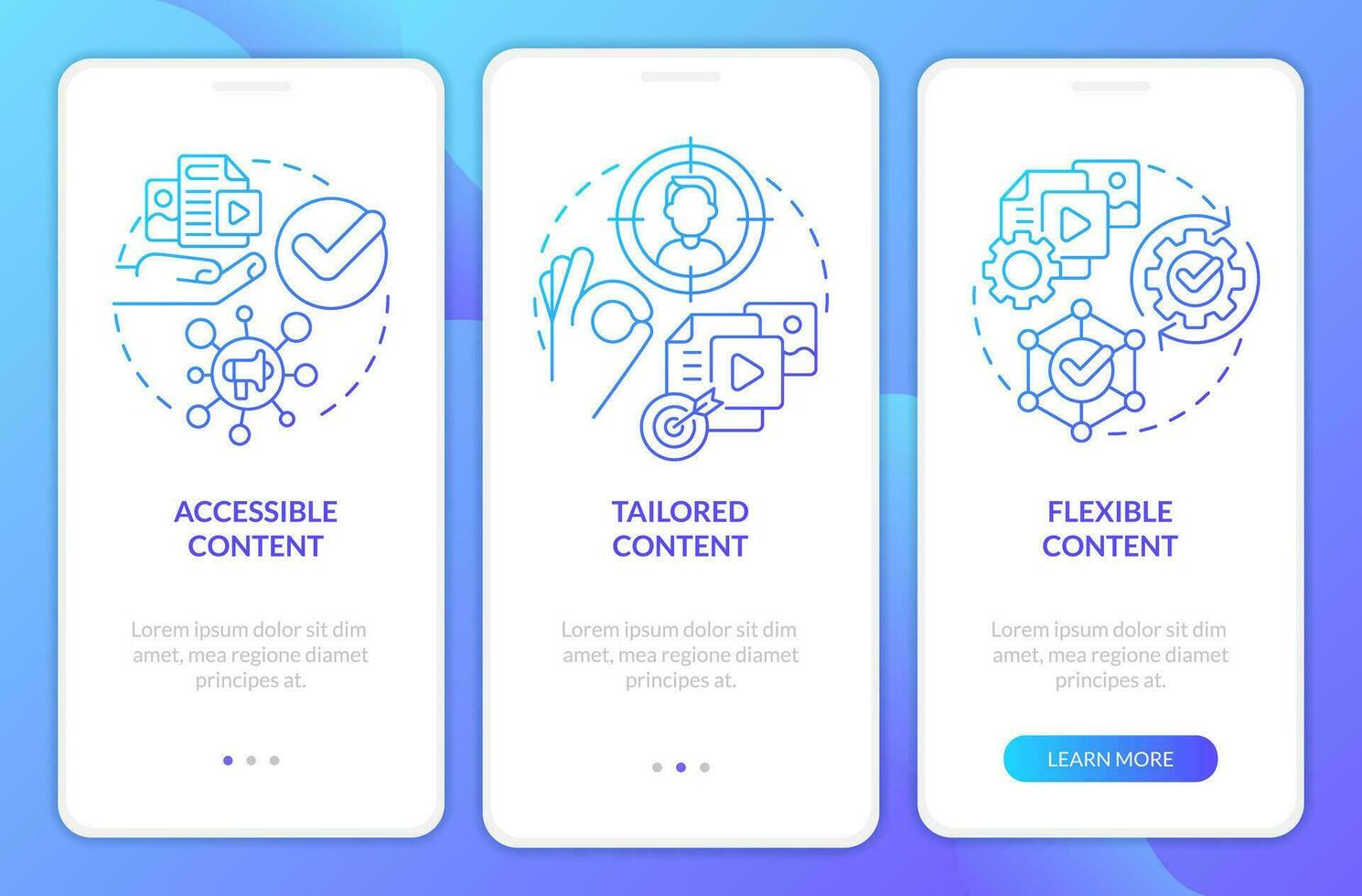 Content requirements blue gradient onboarding mobile app screen. Principles walkthrough 3 steps graphic instructions with linear concepts. UI, UX, GUI template vector