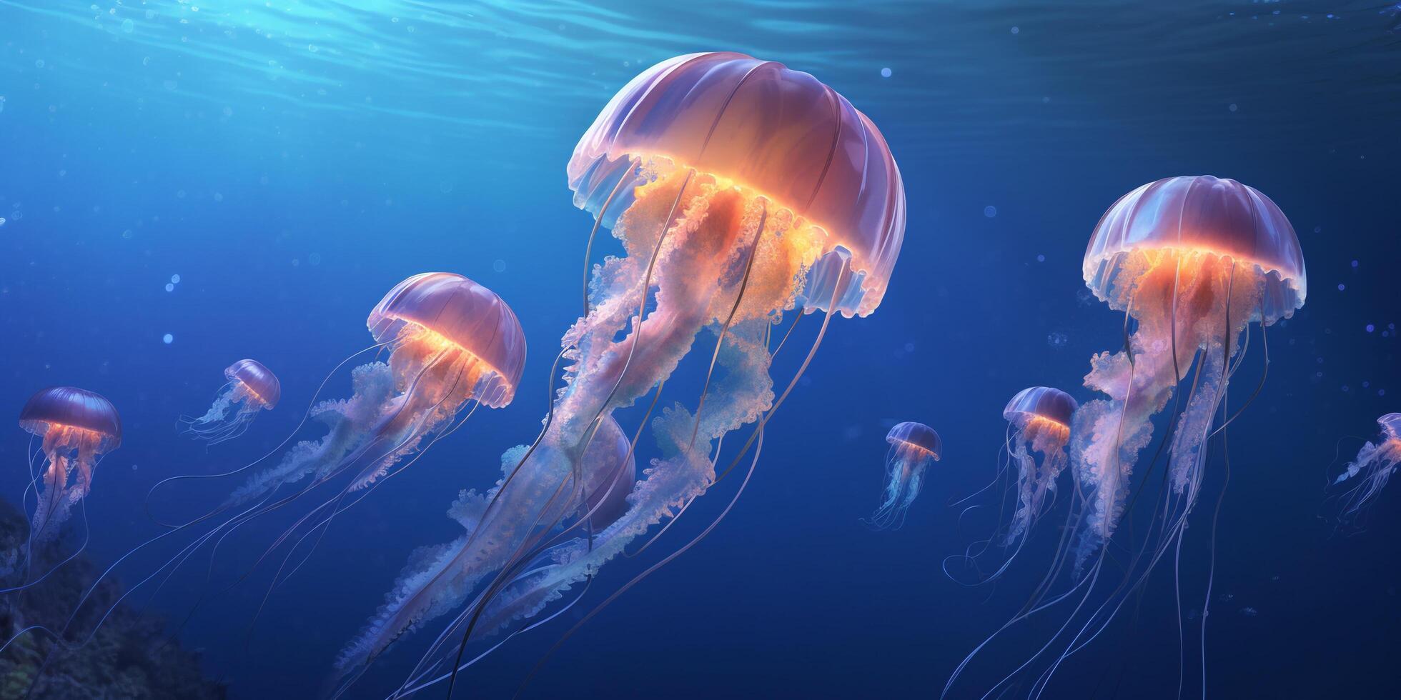 Jellyfish swimming in the ocean with . photo