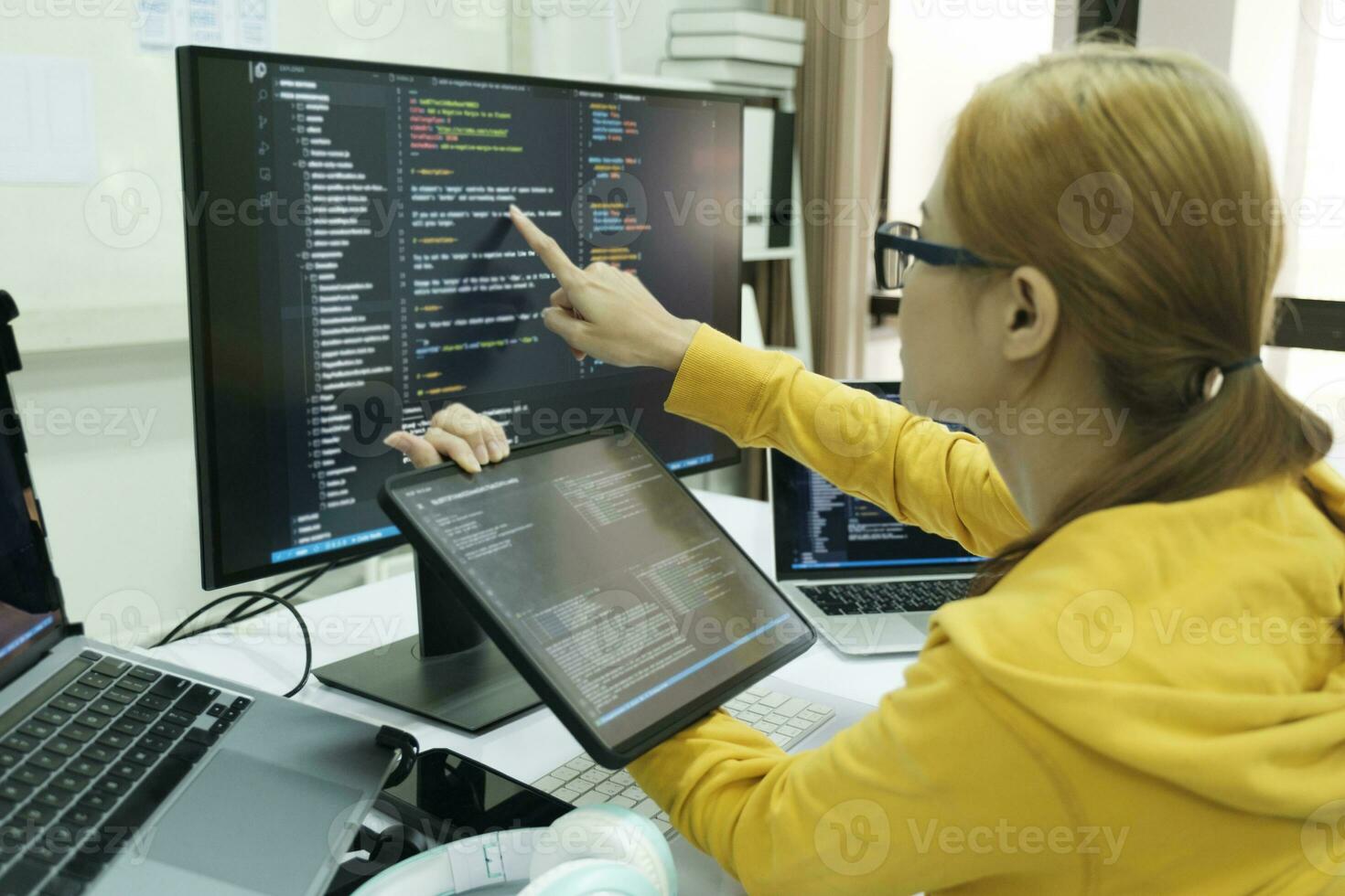 Close up programmer is coding and programming software. photo