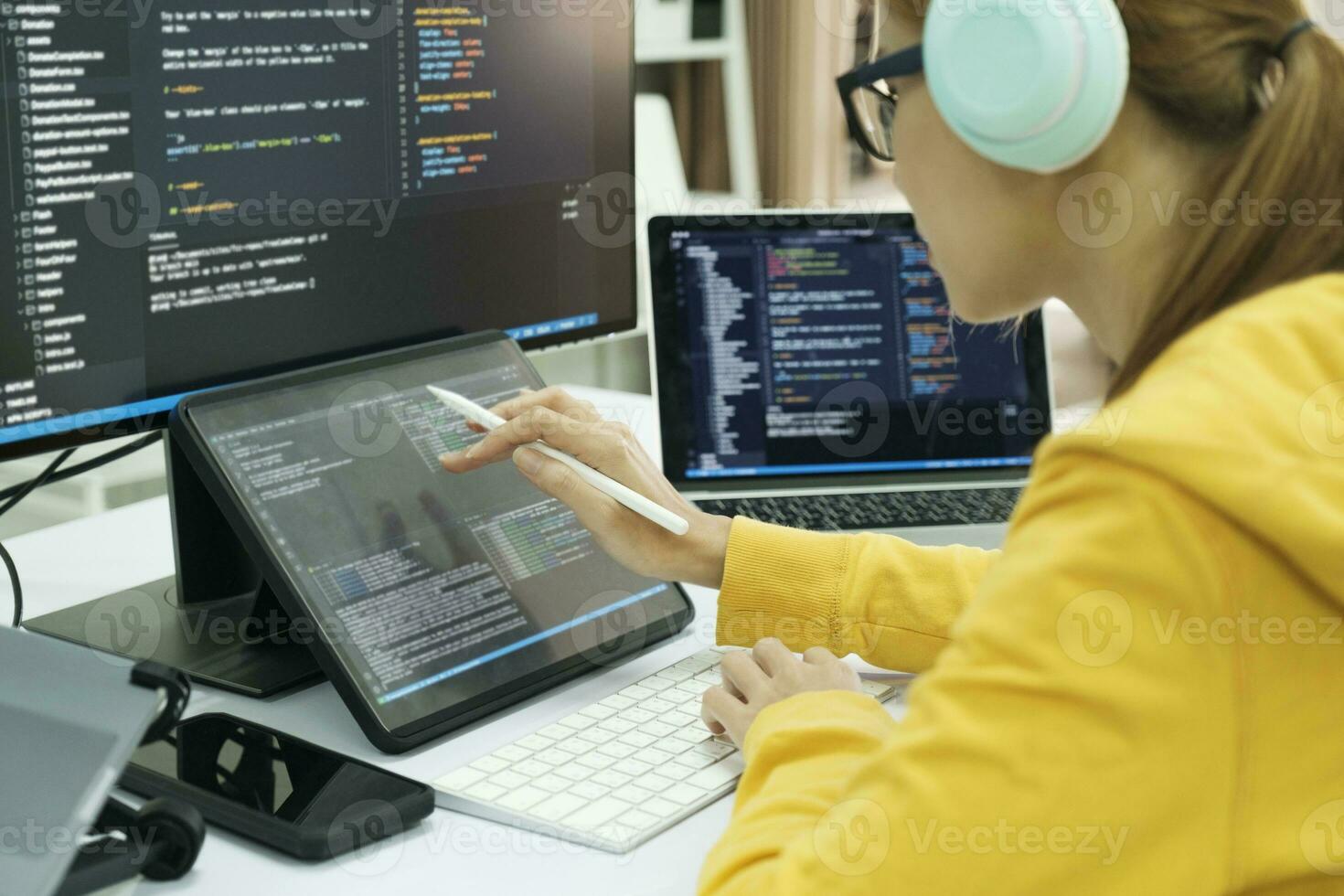 Close up programmer is coding and programming software. photo
