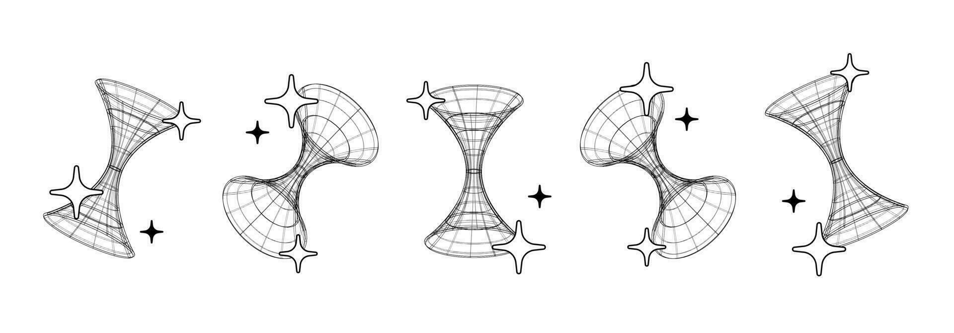 Trendy set of Y2K retro futurism elements, diamonds and tunnels, 3d wireframe models, dimensional graphic design shapes. vector