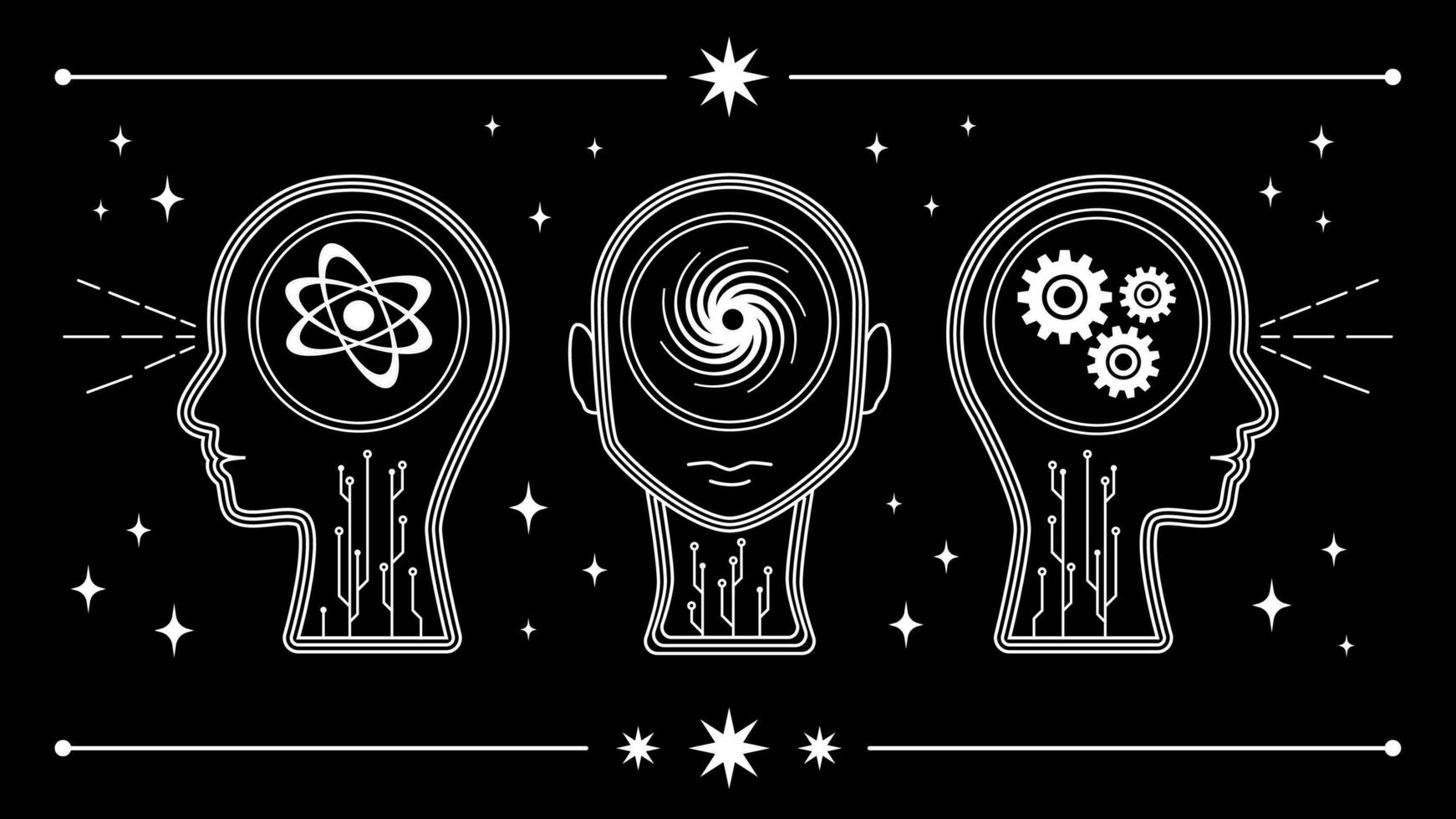 Set of three Y2K graphic elements, human head shapes with retro symbols. Retro vector black and white graphics.
