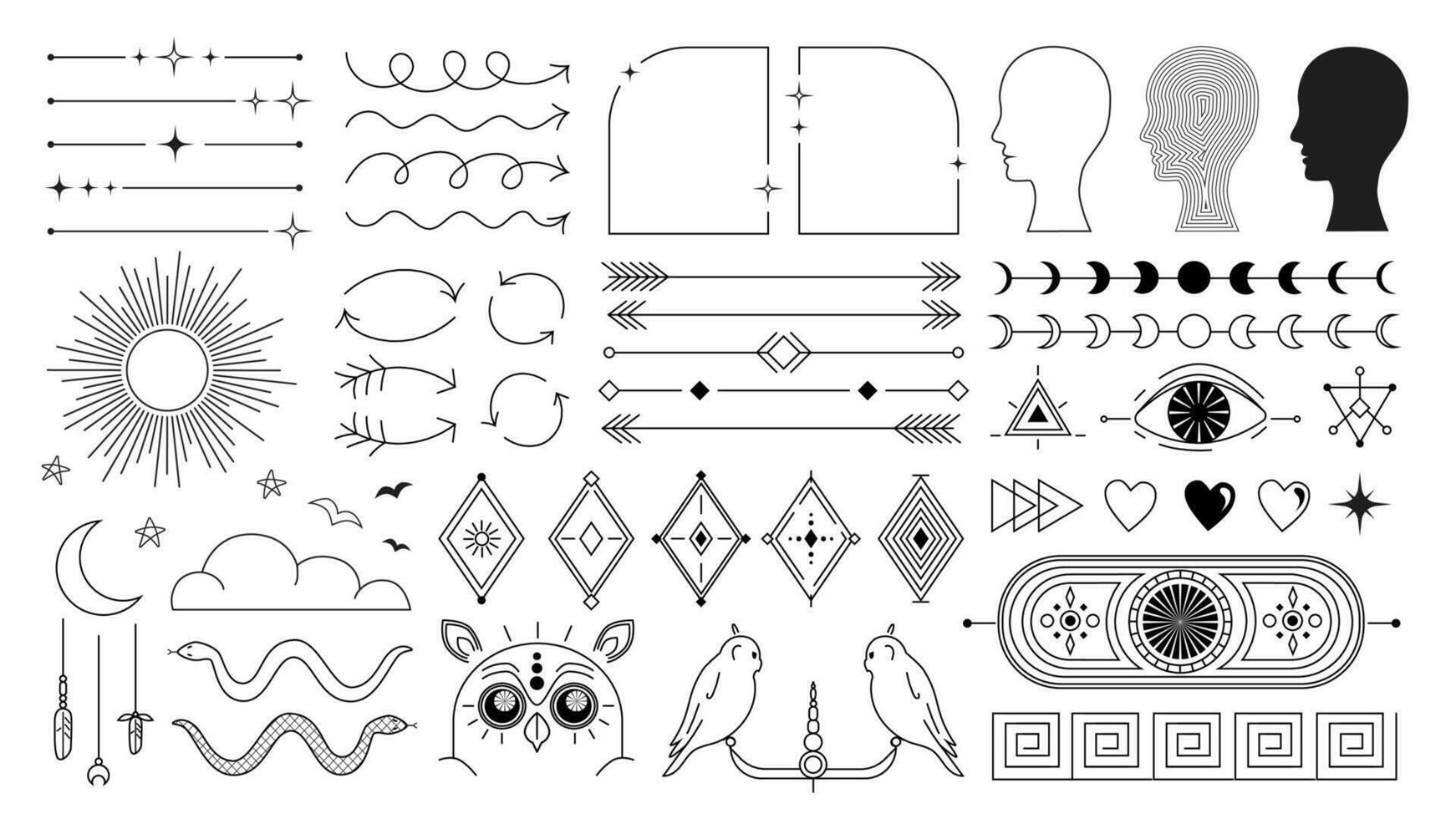 Set of different tattoo in mystic and y2k style. Graphic line element design with frames, human head, astrology elements, owls and snakes. Old school vector tattoo.