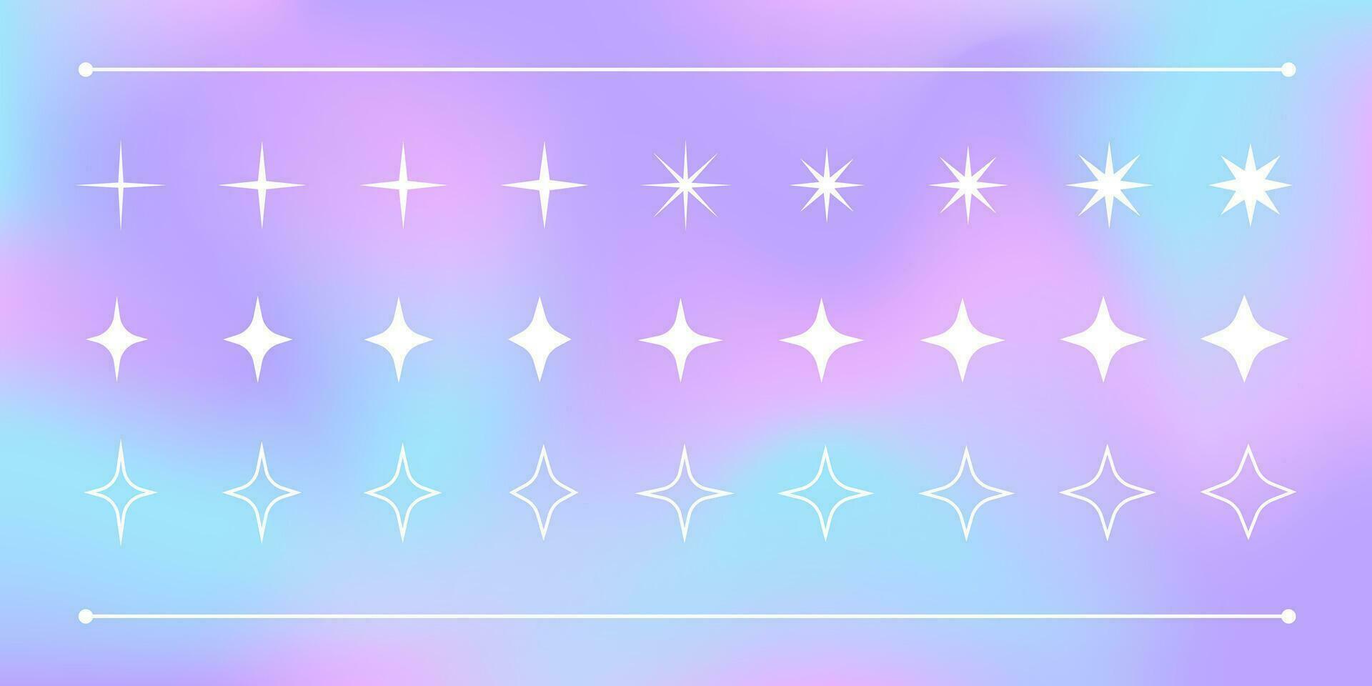 Y2K trendy star shapes, signs and symbols, millennial abstract elements, collection of retro design shapes on a gradient background. vector