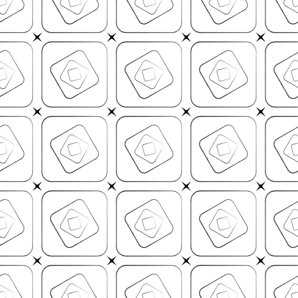 Seamless rounded rectangle with black and white geometric and four-pointed star pattern. vector