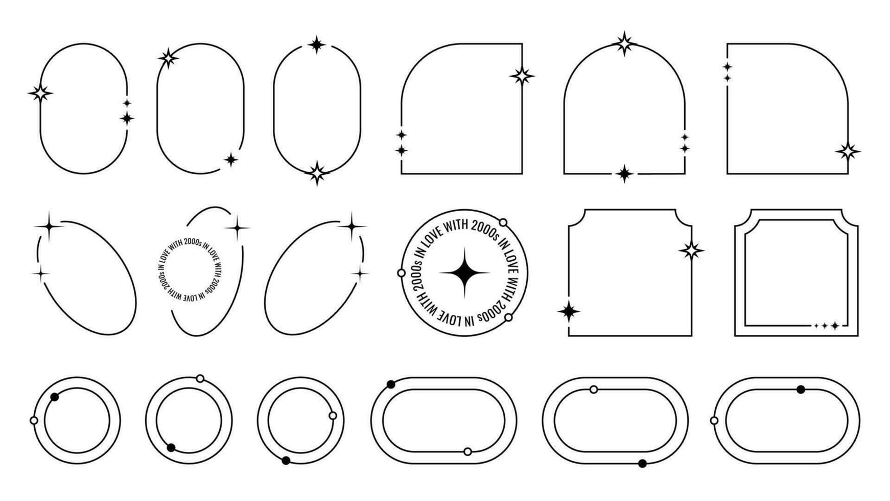 Set of different frames in y2k style. Graphic line design elements with frames, stars, text and dots. Old school vector decorations isolated on white background.