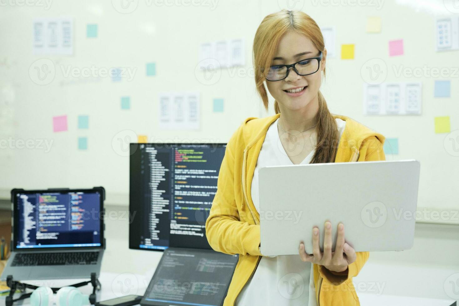 Close up programmer is coding and programming software. photo