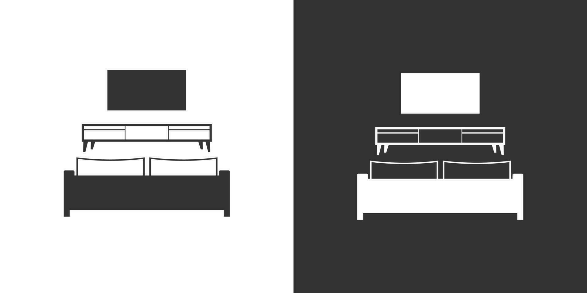 Interior icon with sofa, nightstand and TV. Furniture vector icon isolated on black and white background.