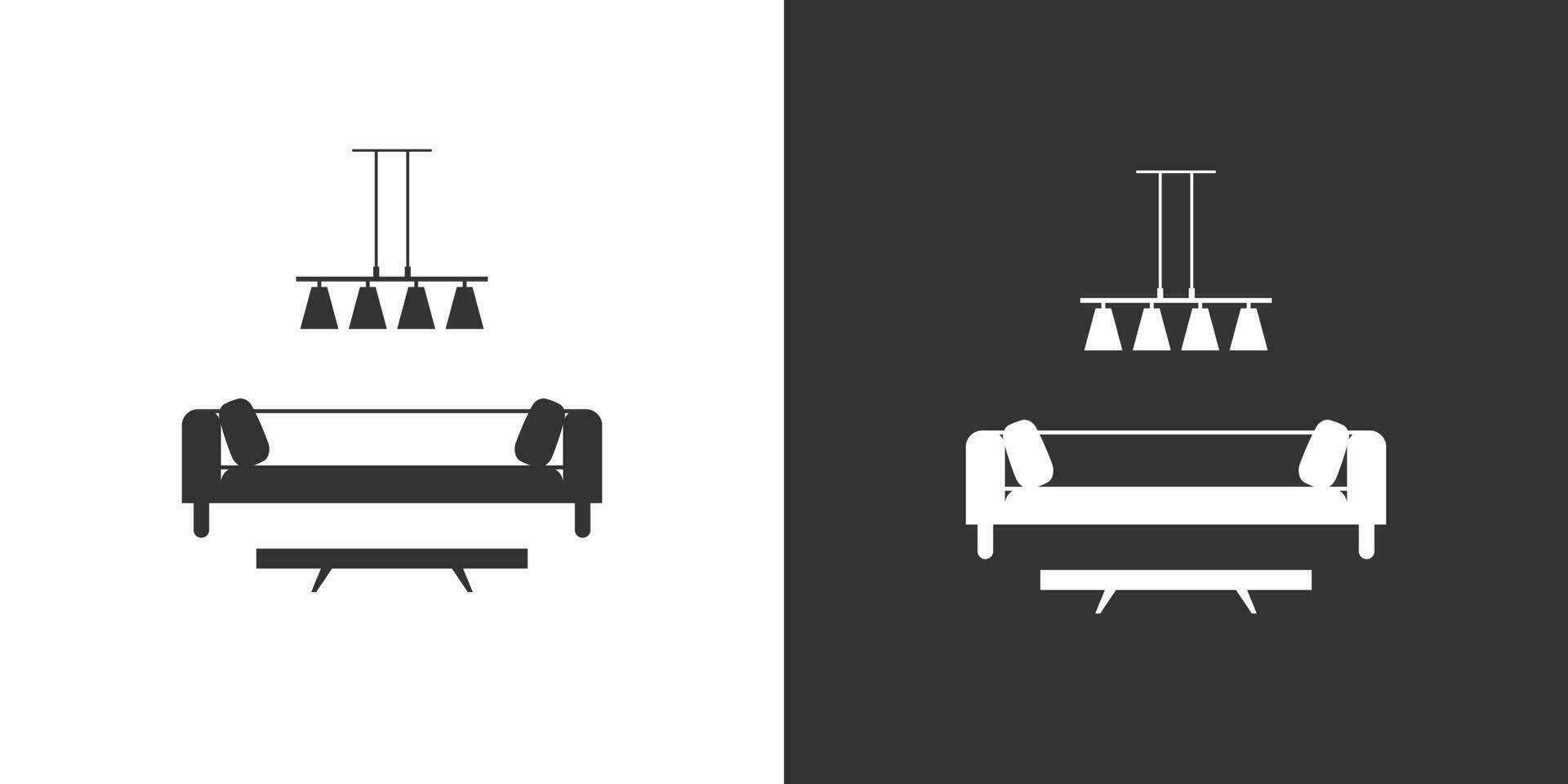 Interior icon with sofa, floor lamp, coffee table and poster. Isolated vector icon on black and white background