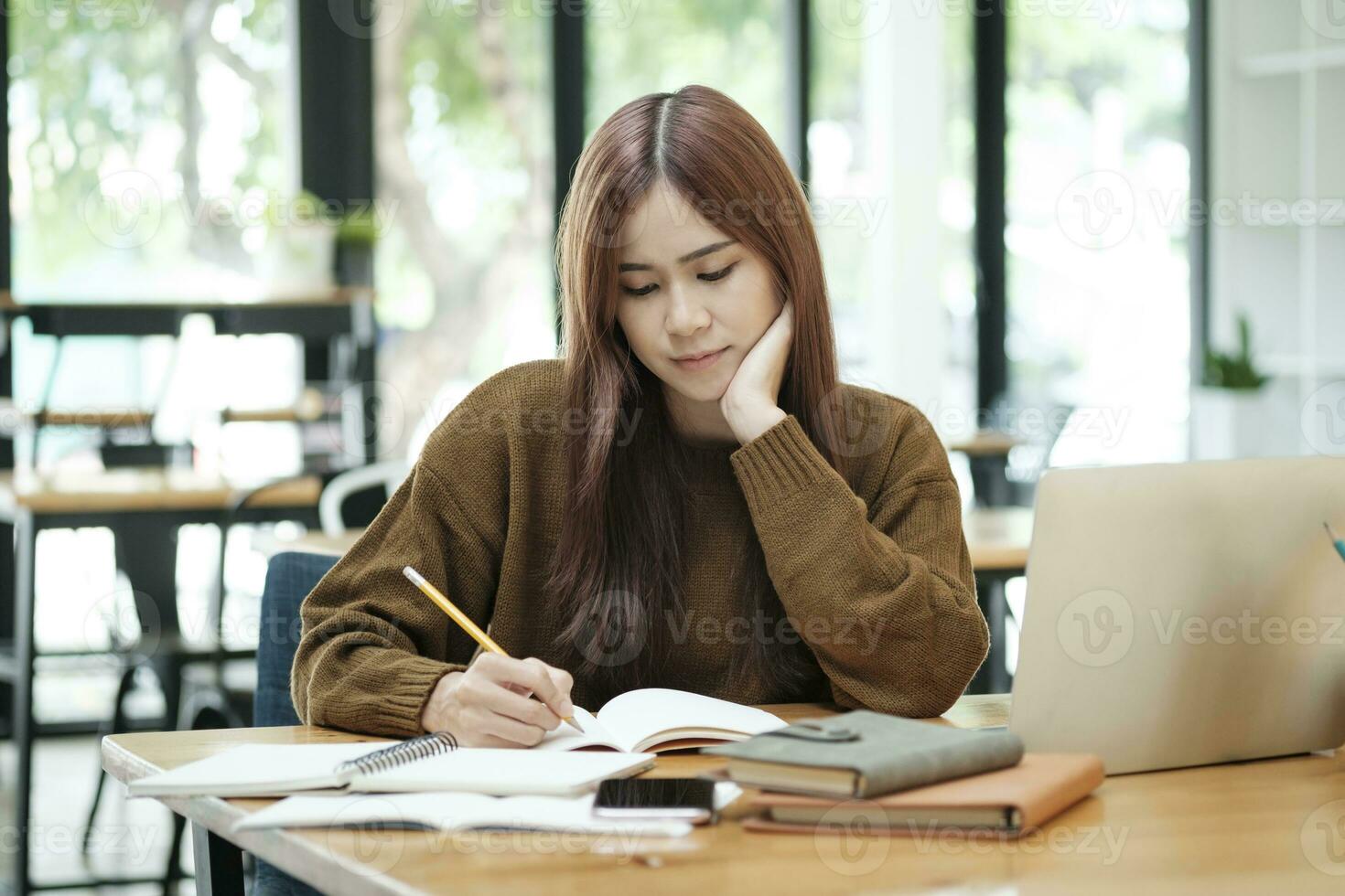 mujer aprendizaje en línea utilizando ordenador portátil y escritura notas foto