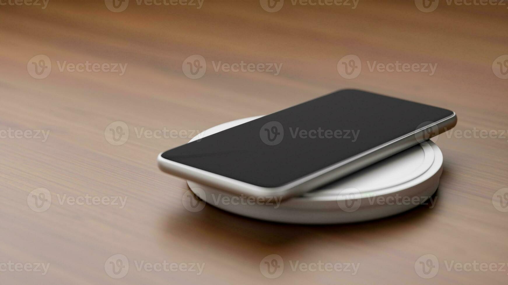 Mobile phone charging battery with wireless charger on working table. photo