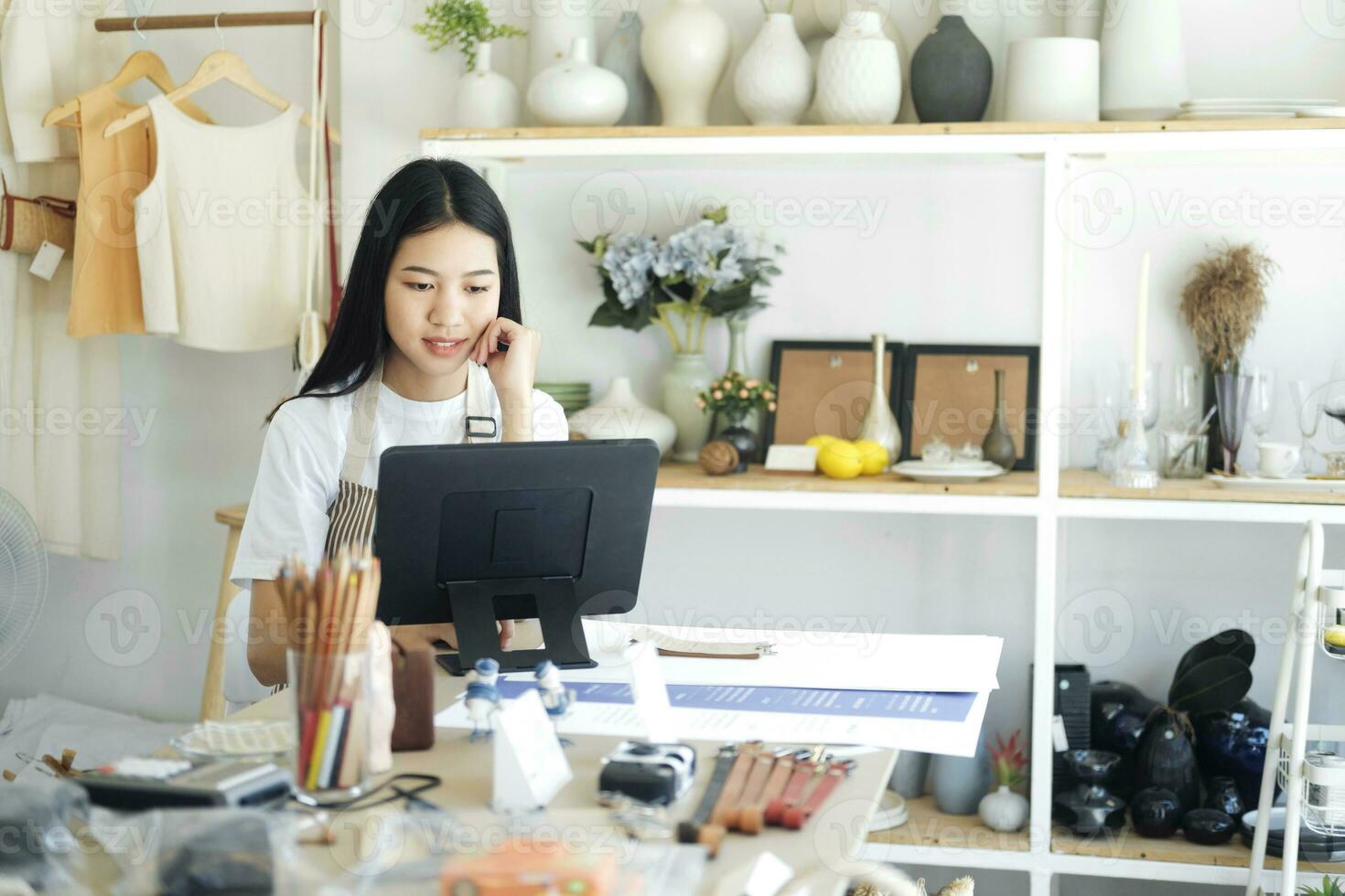 Enjoy young businesswoman celebrate success or happy pose. photo