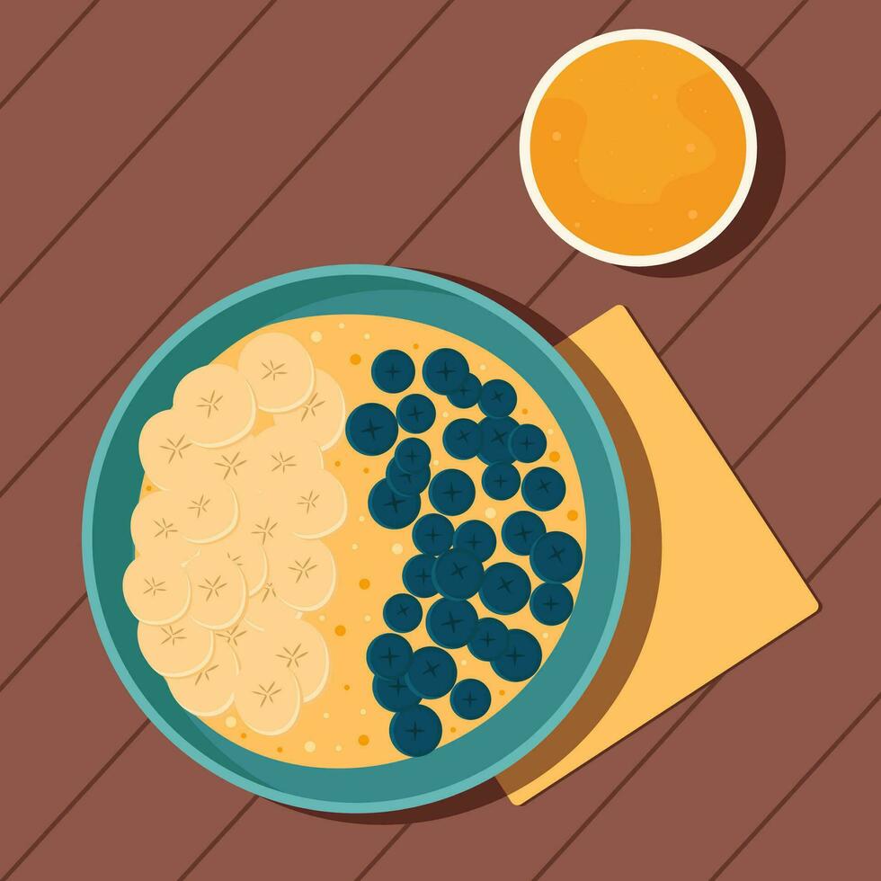 plano ilustración con gachas de avena plato y vaso de jugo. el ilustración lata ser usado para restaurantes, cafeterías o como un ilustración de todos los días vida. vector