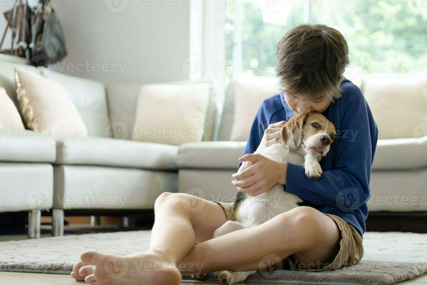 Child Playing With His Pet Dog At Home photo