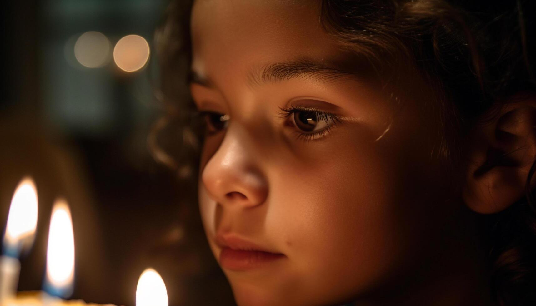 linda niñito sonrisas a vela fuego en oscuro generado por ai foto