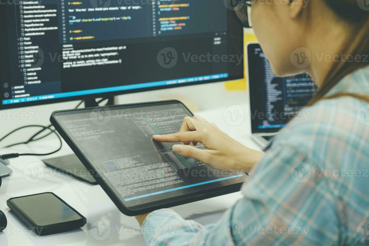 Close up programmer is coding and programming software. photo