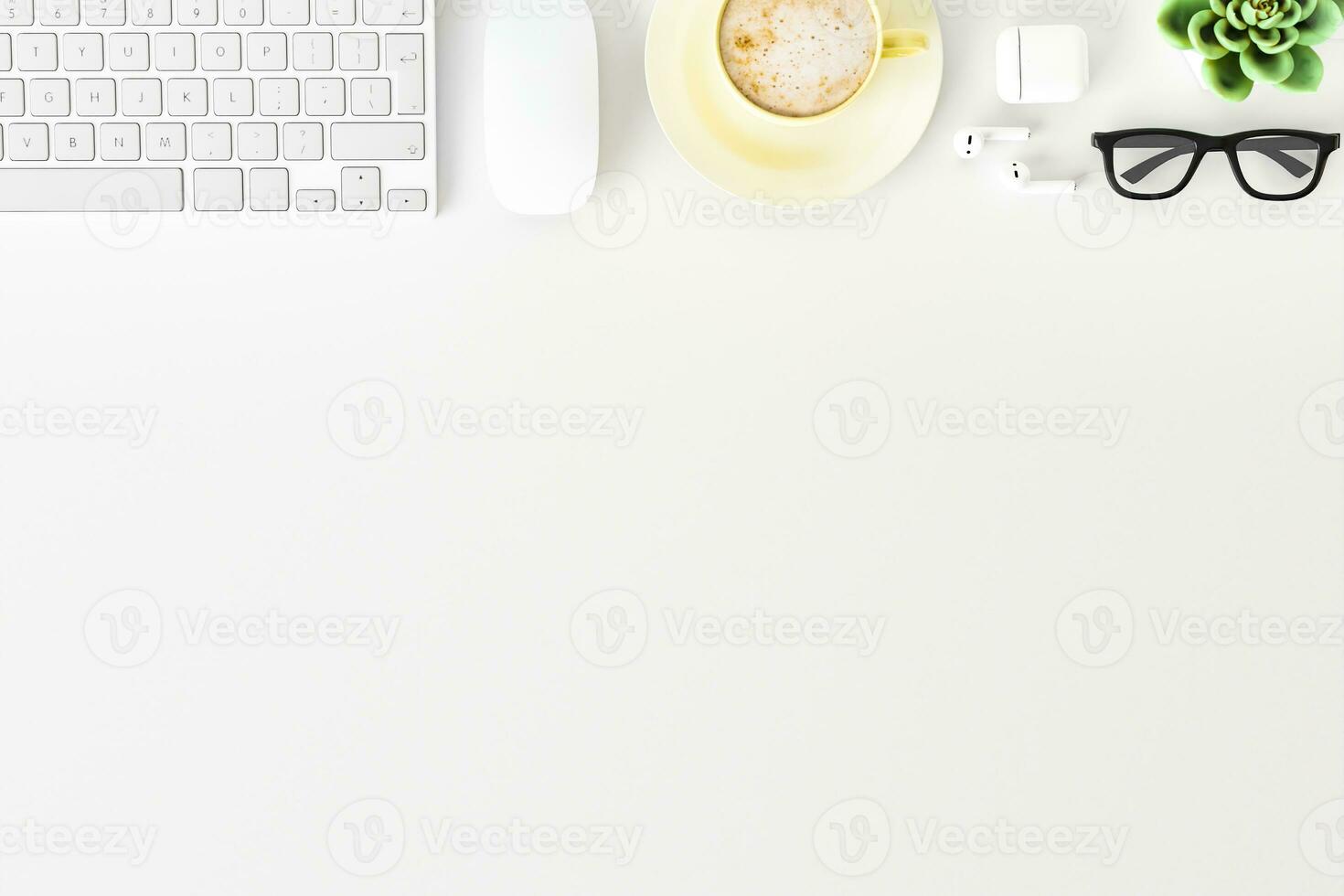 Topview of desktop white desk,working space,working background. photo