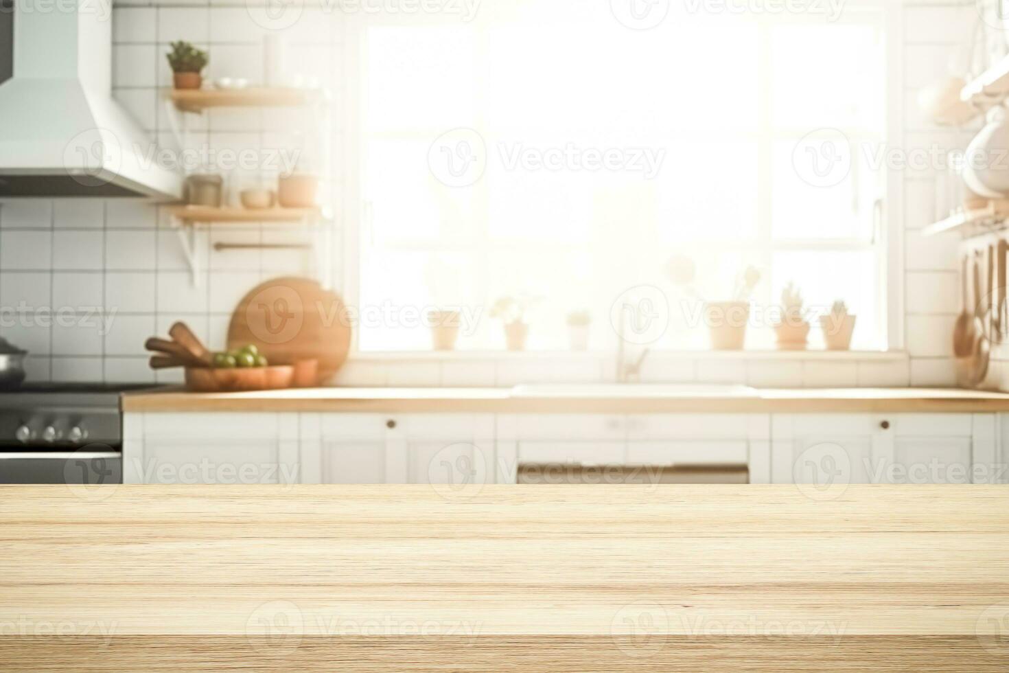 Empty Wood table top on blurred kitchen background. photo