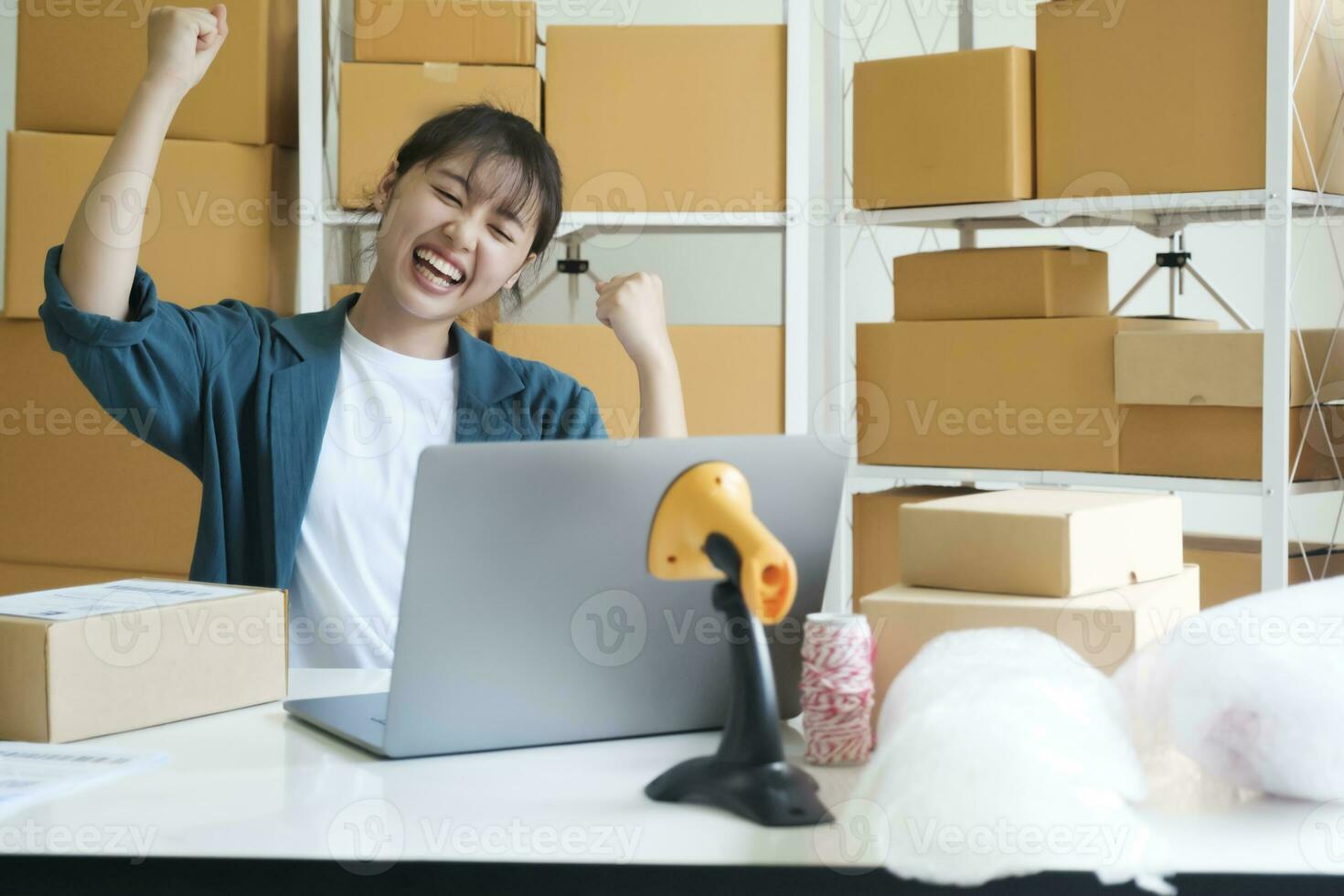 Young female small business entrepreneur working on laptop. photo