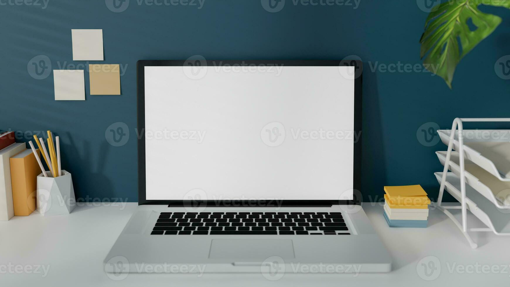 espacio de trabajo con ordenador portátil y oficina suministros. 3d representación. foto