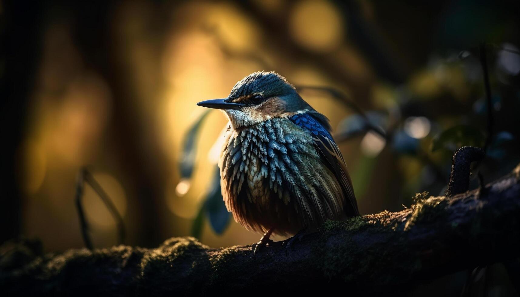 Small bird rests on branch, admiring nature generated by AI photo