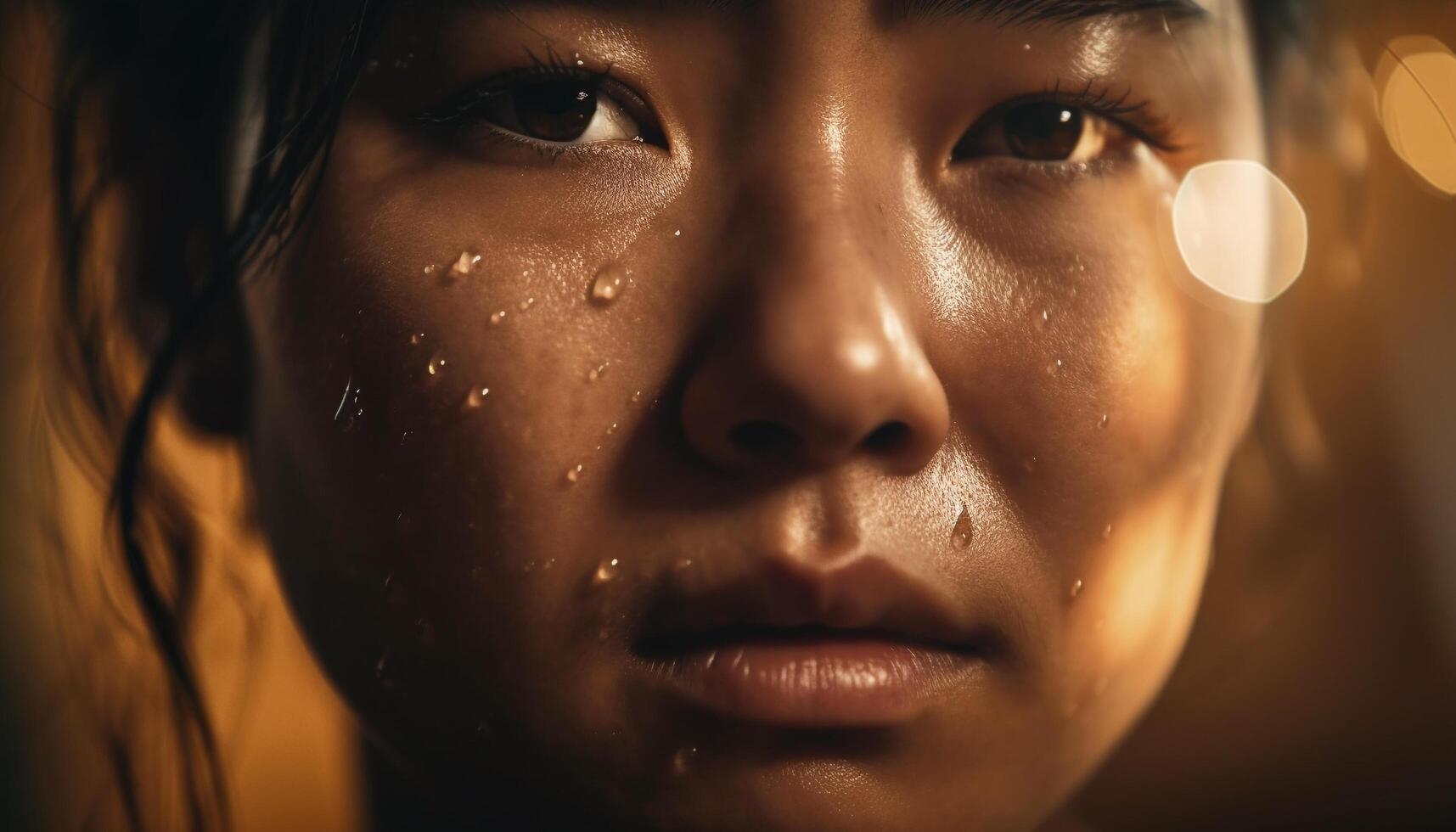 Wet reflection of young woman in rain generated by AI photo