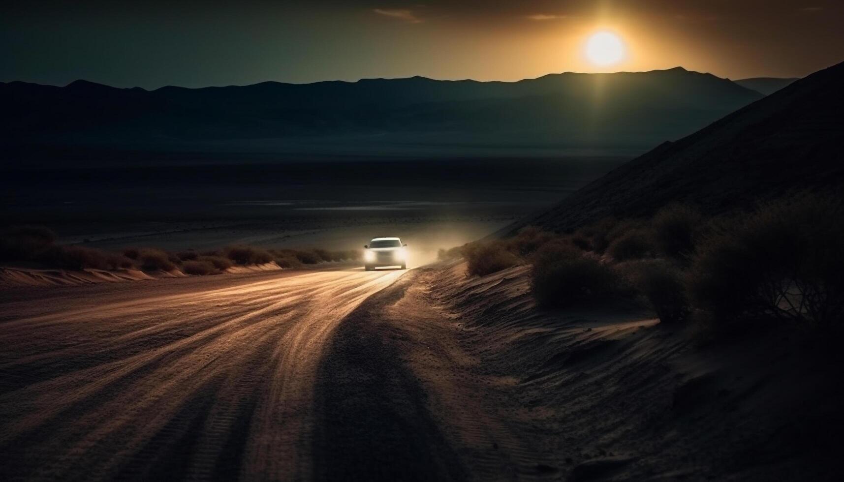 Sun sets on truck driving through mountains generated by AI photo