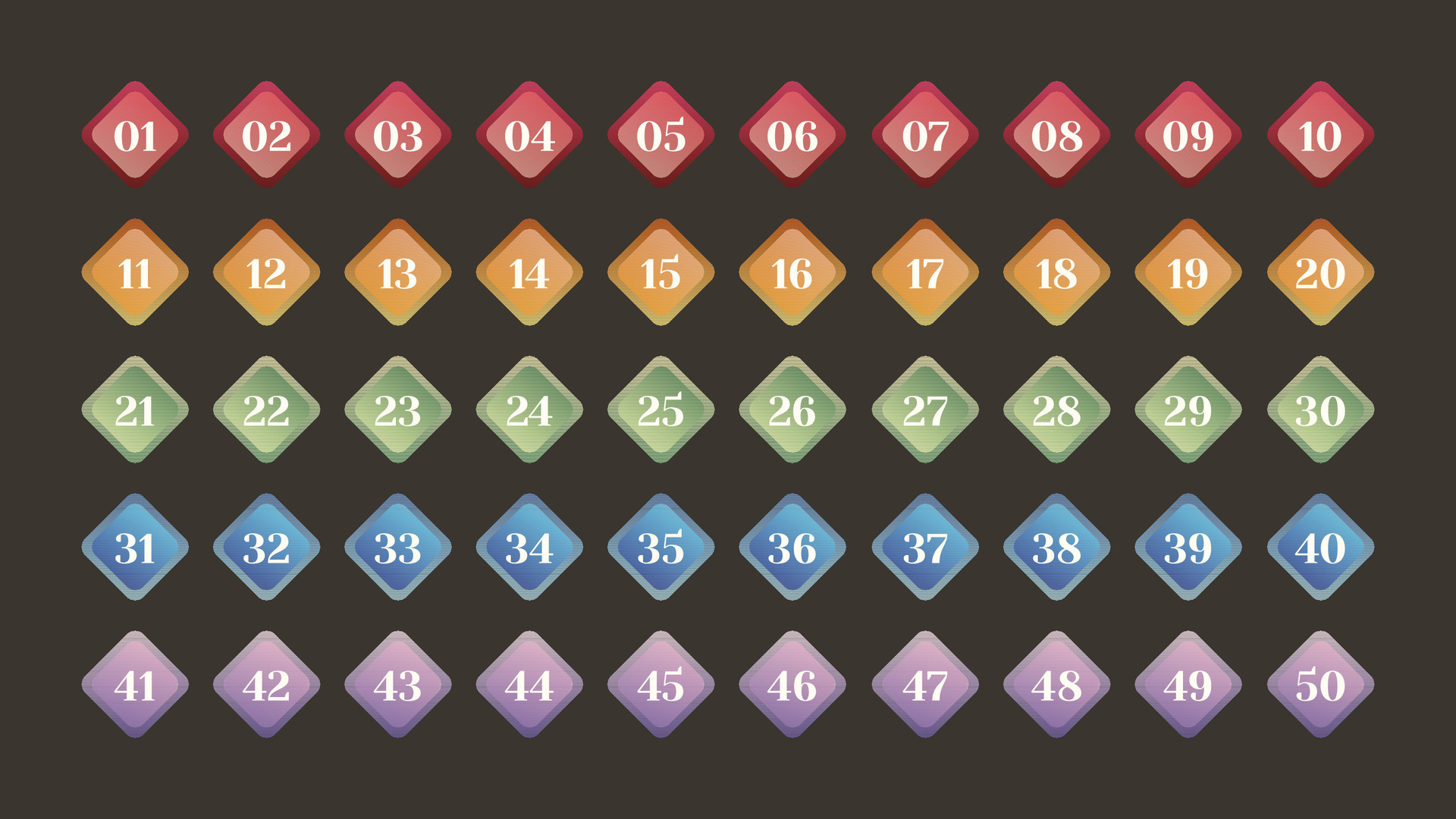Diamond Shape Frame Numbering From 1 To 50. Outline Color Markers For