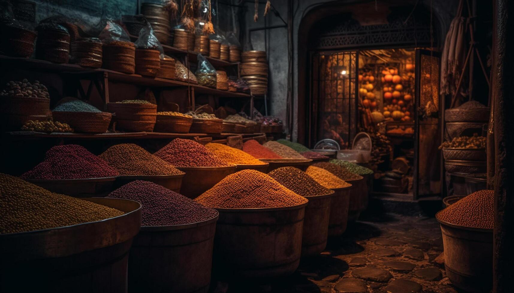 Colorful pottery jar sells fiery chili seasoning generated by AI photo