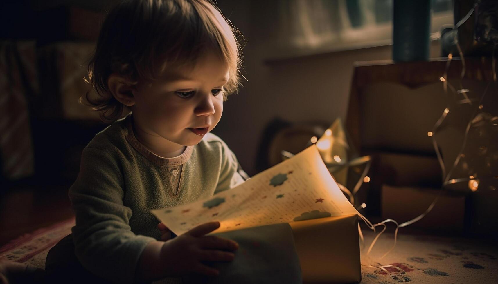 Smiling blond toddler reading book by Christmas tree generated by AI photo